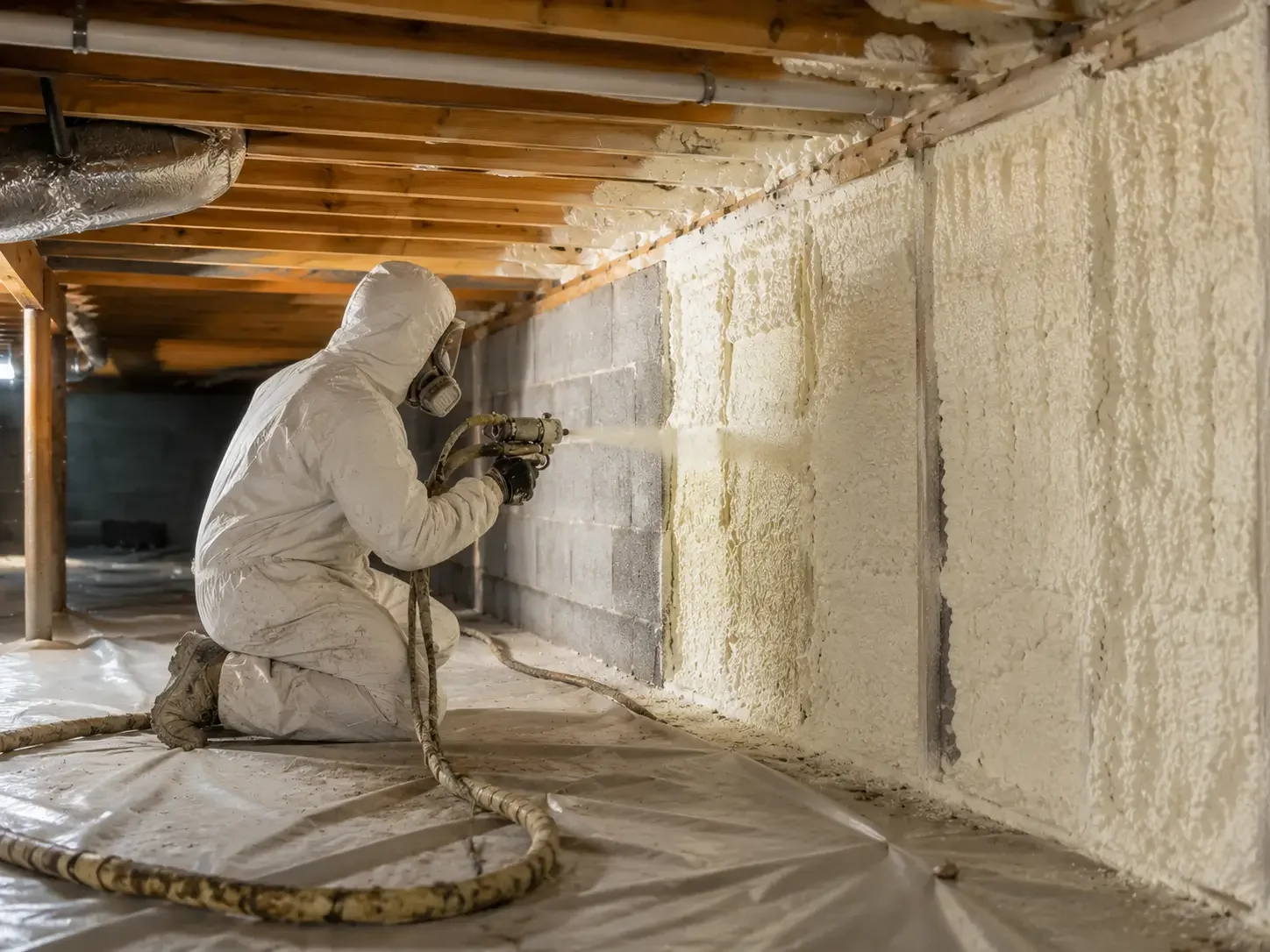 A person in white protective gear spray foam insulation onto a concrete wall in an unfinished basement or crawl space.