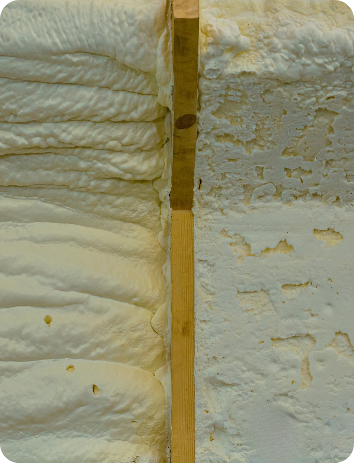 Closed-cell spray foam installed seamlessly in an internal wall stud cavity