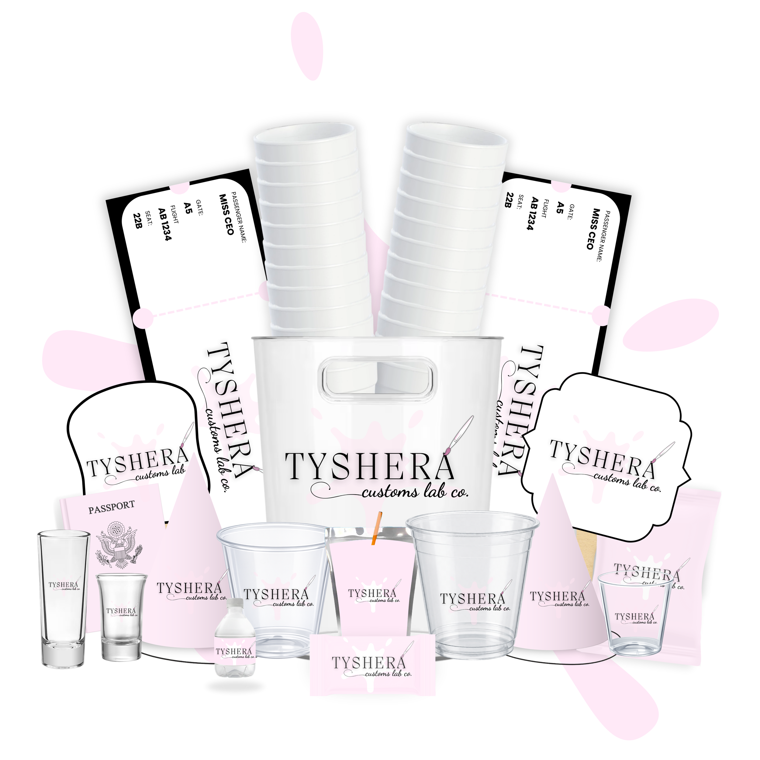 Multiple white containers in various sizes with the logo 'TYSHEMA customs lab co.' on them, background with flight tickets and pink abstract shapes.
