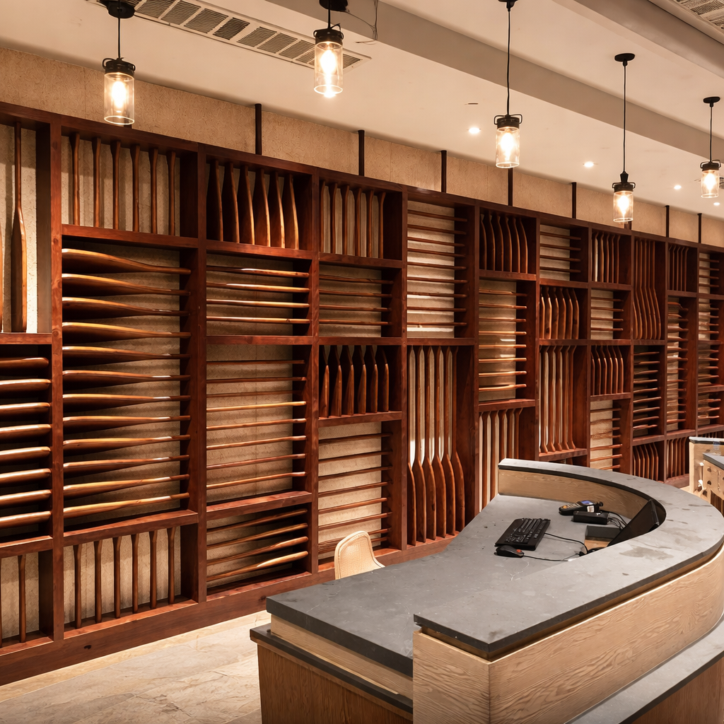 Wooden wine rack behind a curved reception desk with a computer, keyboard, and phone, in a modern interior with hanging light fixtures.