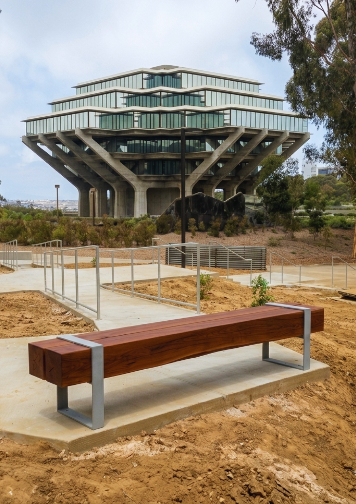 Modern multi-layered building with glass walls and concrete supports, situated on a landscaped area with benches, pathways, and trees.