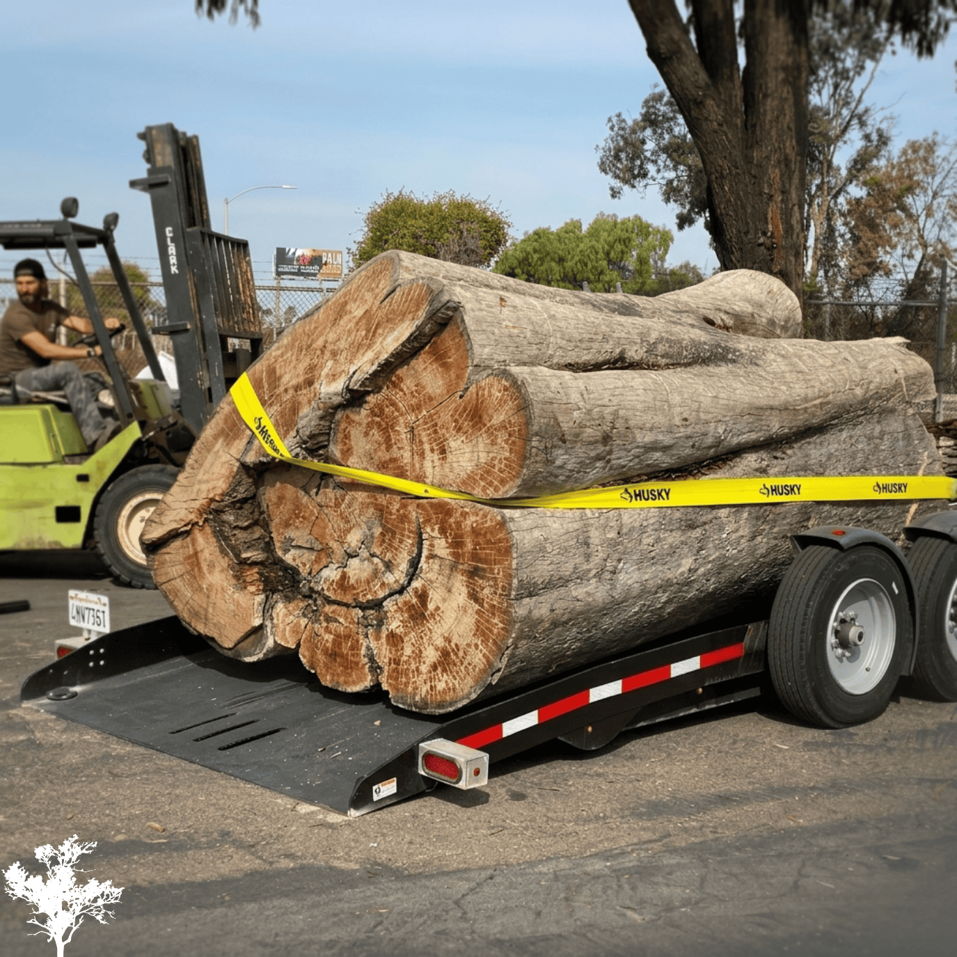 Large logs of cut wood loaded on a black trailer, secured with yellow tape labeled 'Husky', in a parking lot with a forklift and a man operating it in the background, trees and a fence in the distance.