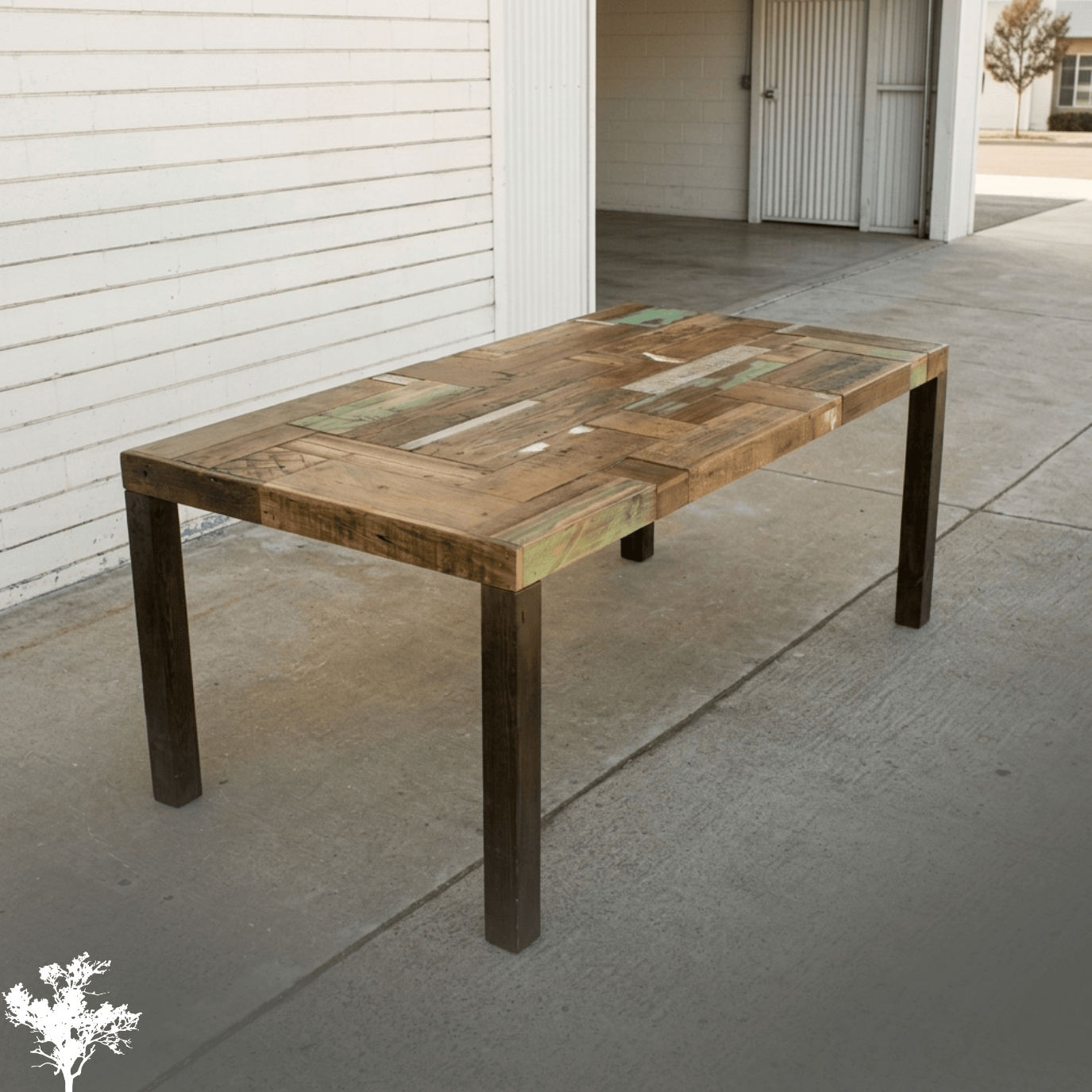 A rectangular wooden table with a distressed wood surface and dark legs outside near a white brick wall and a garage door.