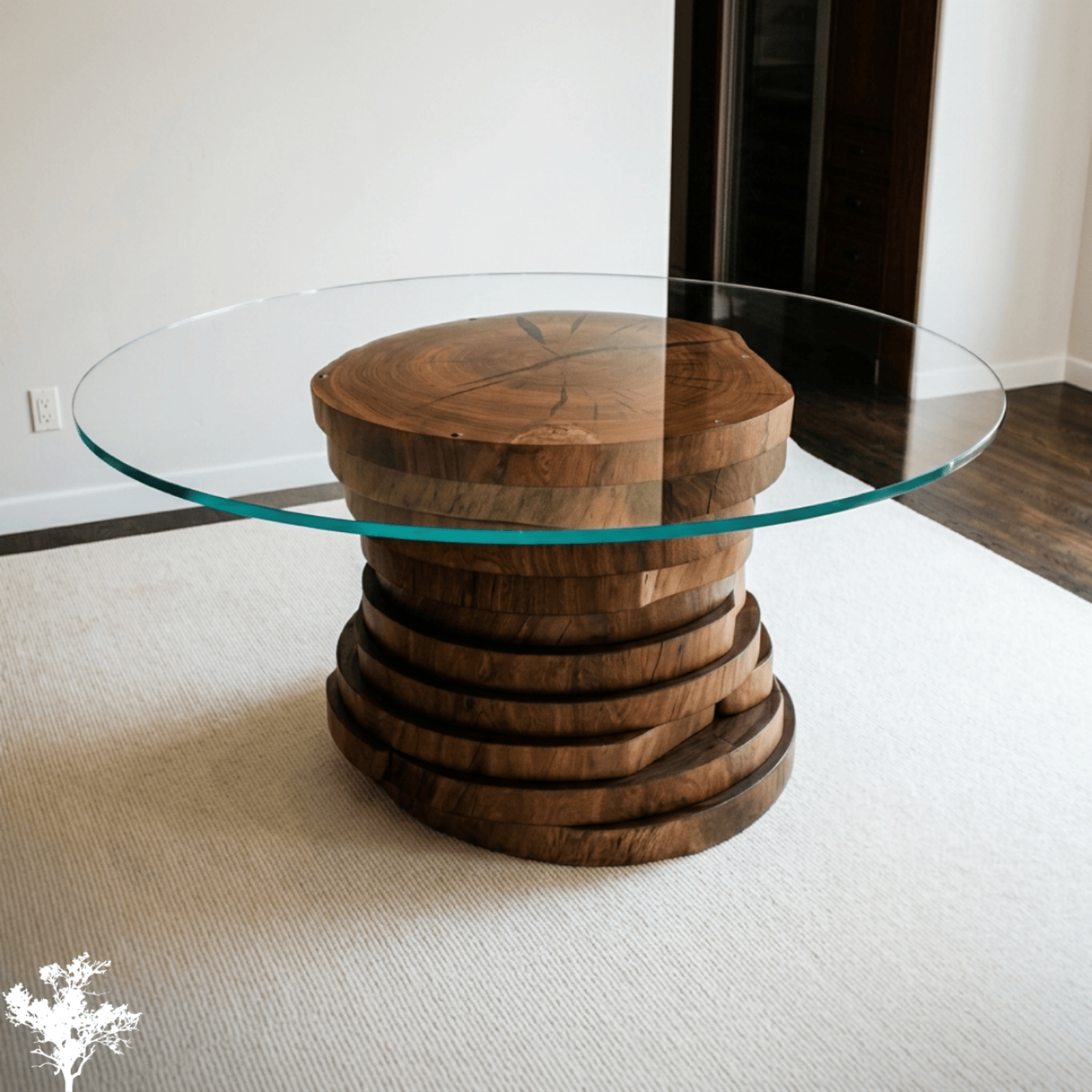 Round glass-top table with a base made of stacked, curved wooden pieces, placed on a beige carpet in a modern room.