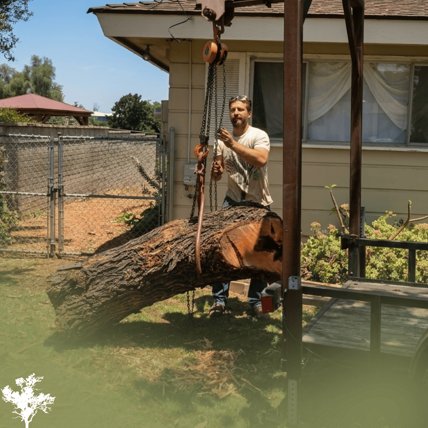 A man standing outside in a backyard, holding the chains of a large fallen tree trunk that is suspended by a steel pole. The tree trunk is resting on the ground and appears to be cut from a larger tree. The background shows a house, a chain-link fence, some plants, and a blue sky.