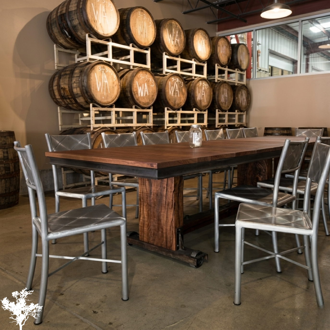 Wooden wine barrels stacked on racks in a tasting room, with a long wooden table and metal chairs in the foreground.