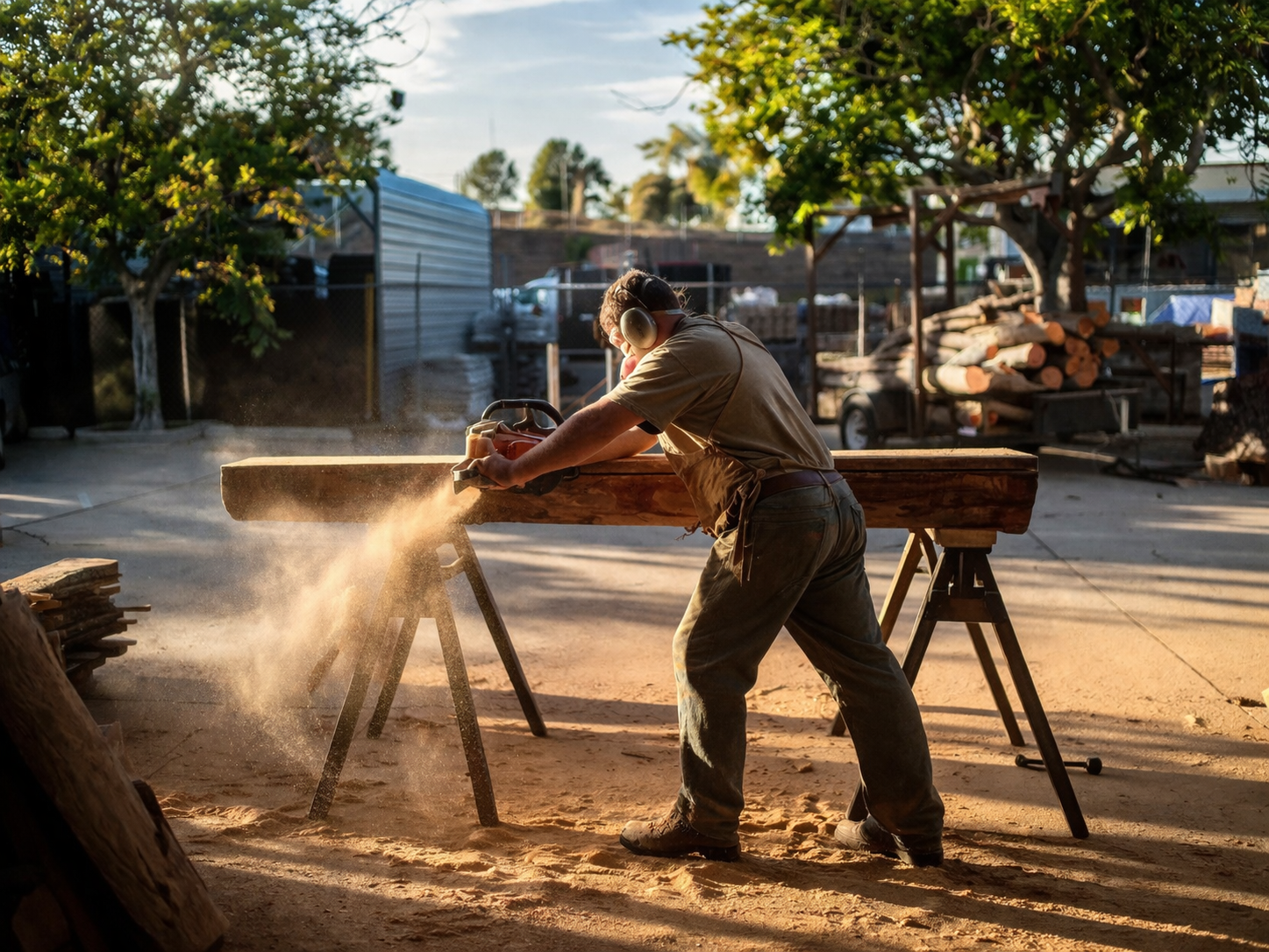 A man cutting a large piece of wood with a handsaw outdoors in a yard, wearing safety headphones and surrounded by wood and trees.