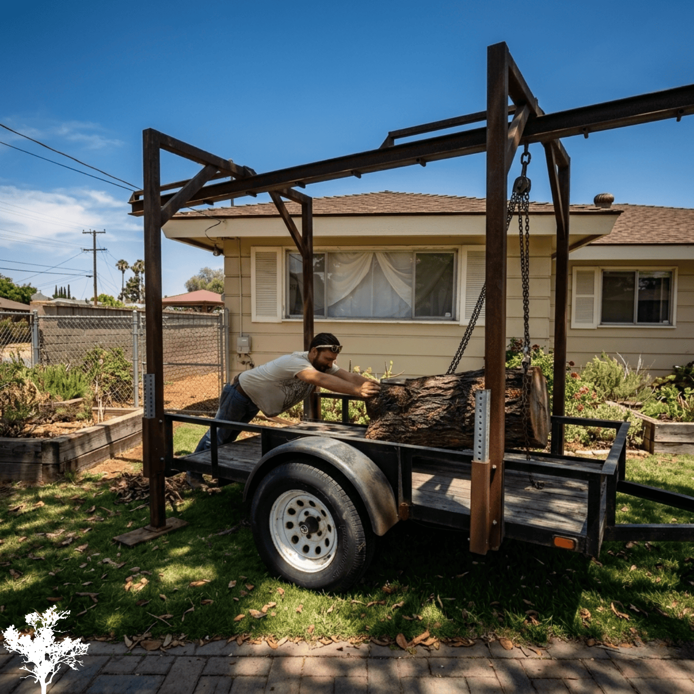 A man pushes a large fallen tree trunk on a small trailer in a backyard with a house and garden, under a blue sky.