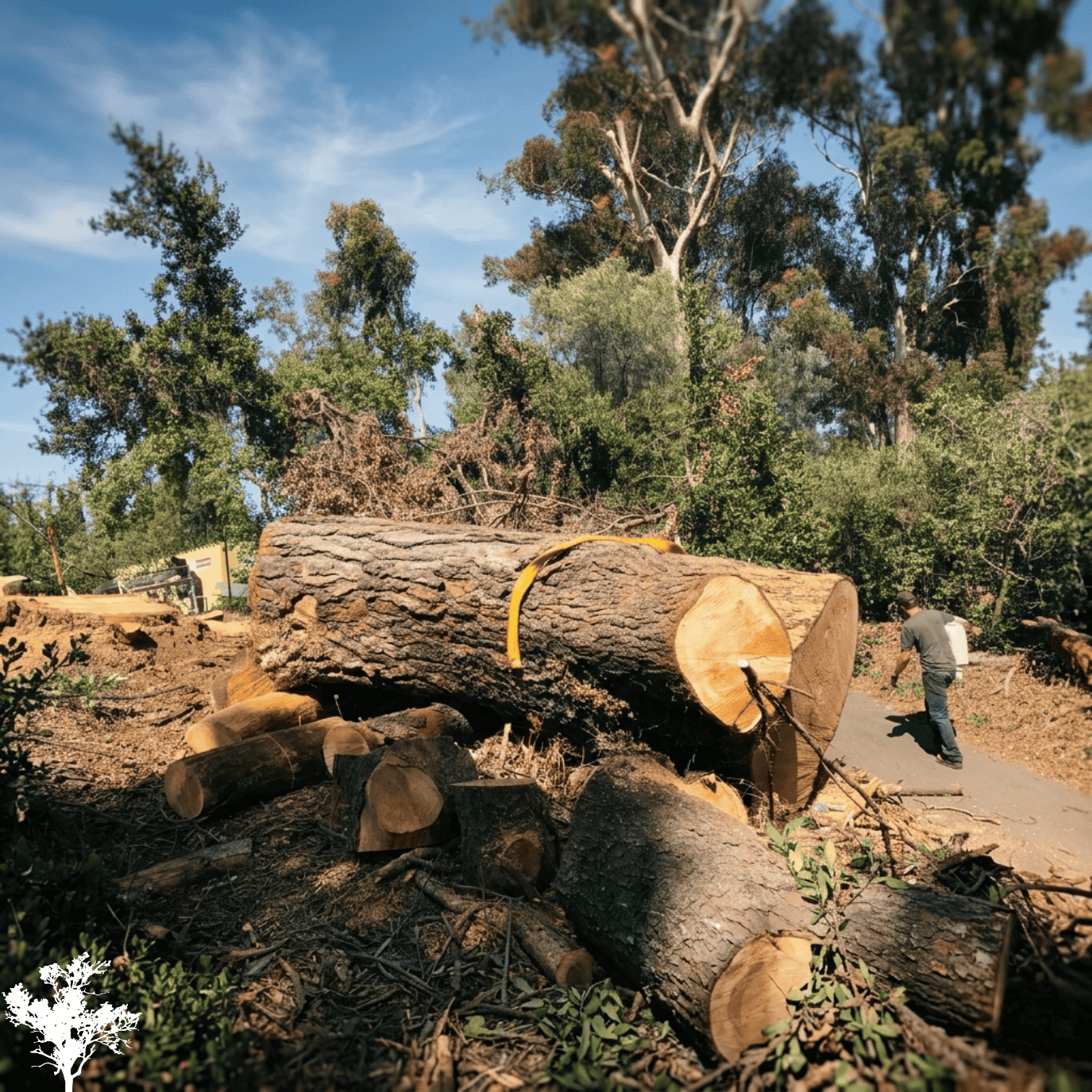 A large fallen tree on the ground with cut logs beside it and a person walking nearby on a paved pathway, surrounded by green trees and a clear blue sky.