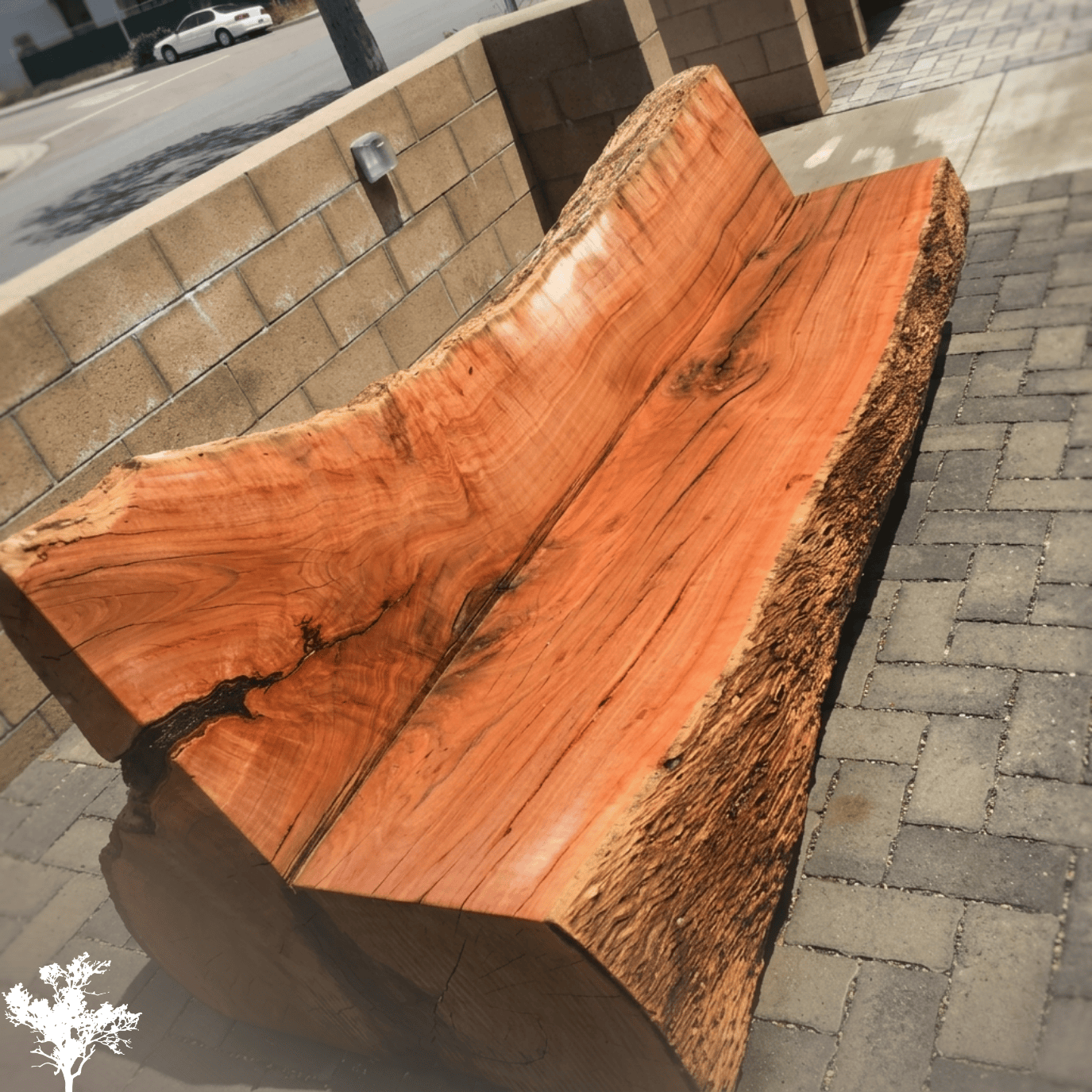 A large wooden bench made from a single slab of polished, reddish wood with visible natural grain and bark edges on a brick-paved sidewalk.