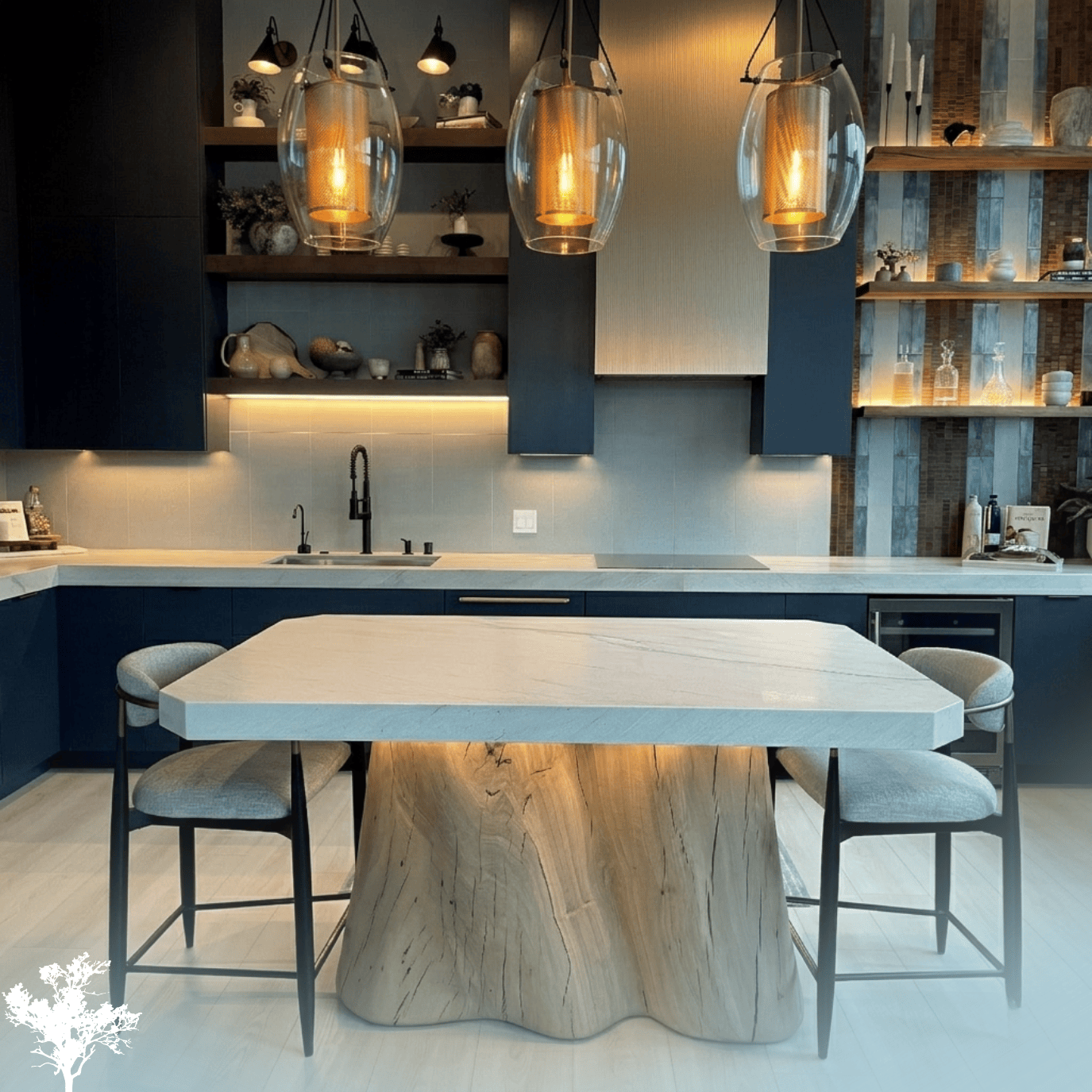 Modern kitchen with a large wooden table, gray upholstered chairs, black cabinets, open shelves with decorative items, pendant lights hanging above the table, and a sleek sink and faucet.