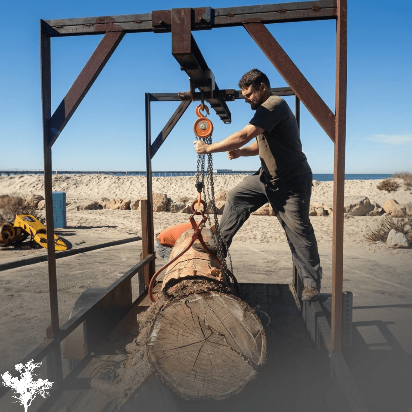 A man cutting a large tree trunk with a chainsaw while standing on a flatbed truck in a sandy area near the ocean on a clear day.