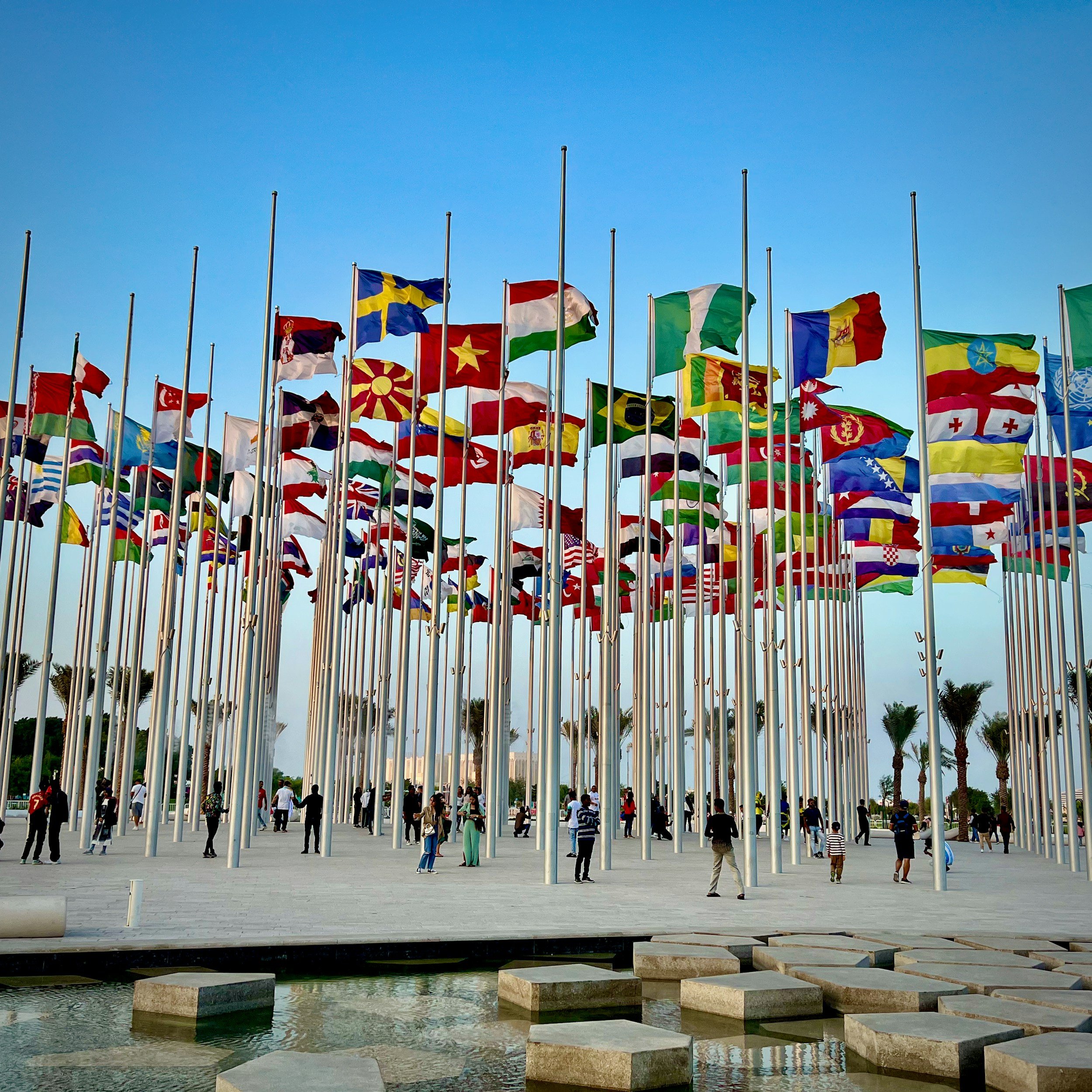 Photo of about 50 world flags blowing against the blue sky