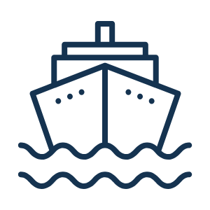 Line drawing of a ship viewed from the front on water.