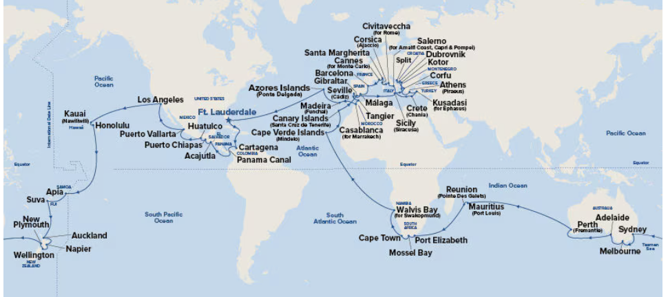 Map of 115 day cruise itinerary