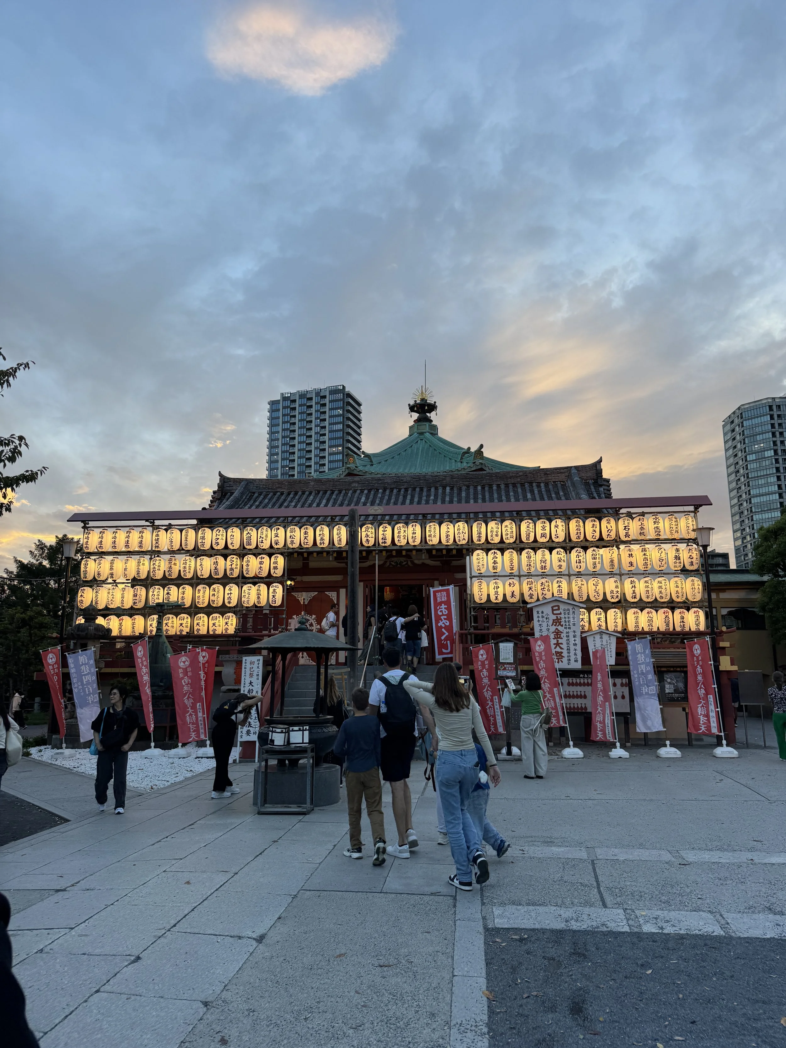 Japan temple with lantern lights & the sky