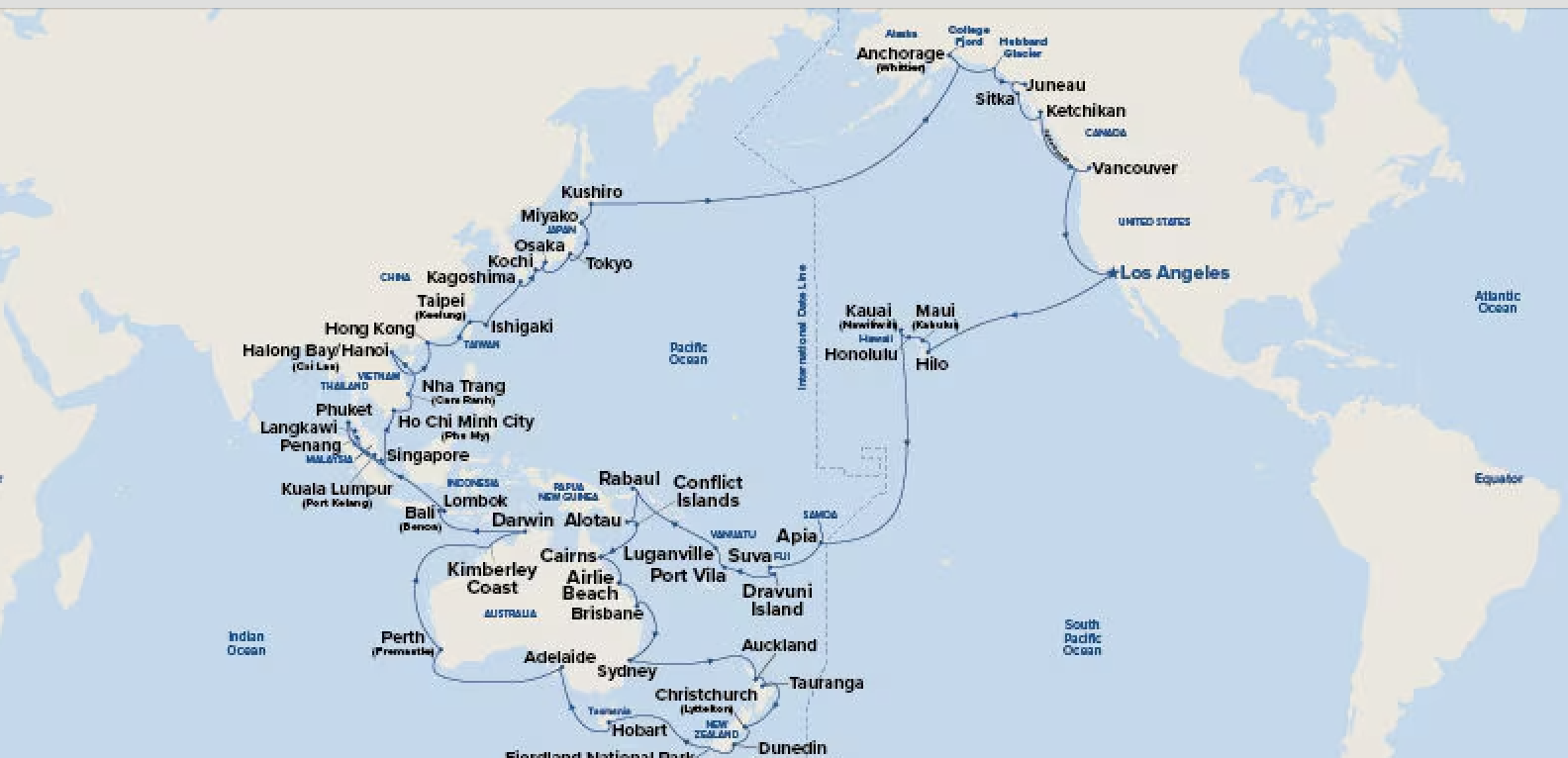 Map of the world with 50 port stops on a cruise itinerary