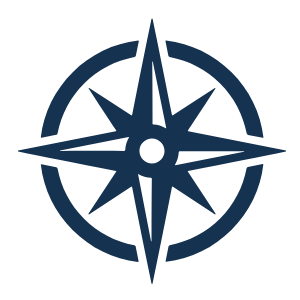 A navy blue compass rose symbol on a black background.