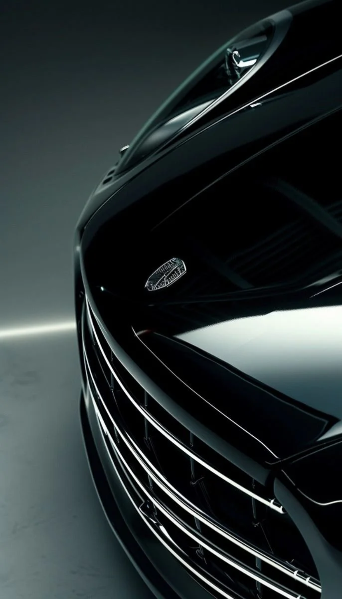 Close-up of the front of a sleek, black luxury car with illuminated grille and headlight design.