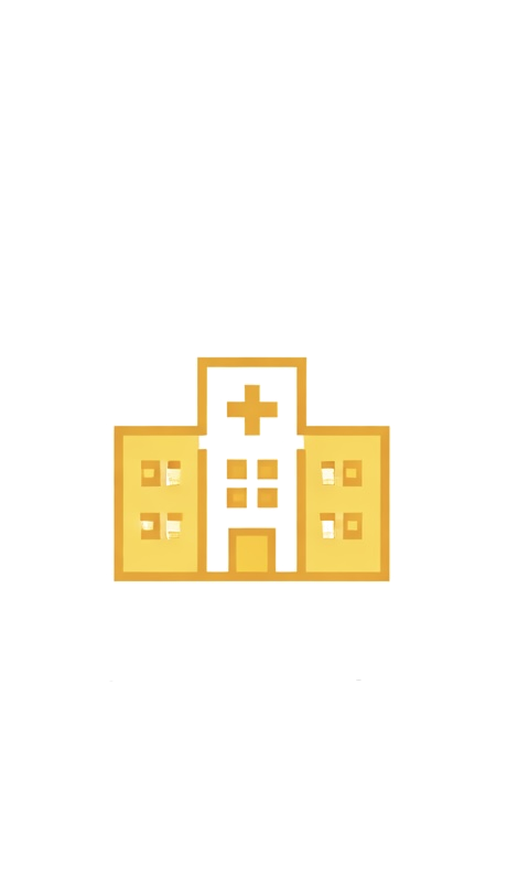 A simplified yellow hospital building with a medical cross on top and multiple windows