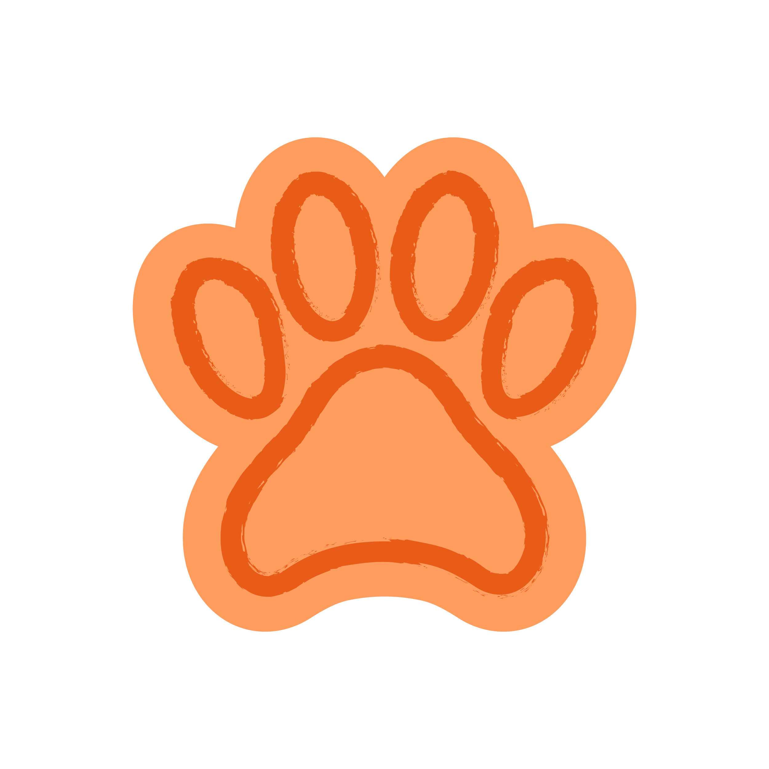 A stylized illustration of a dog's paw with orange coloring and looping lines.
