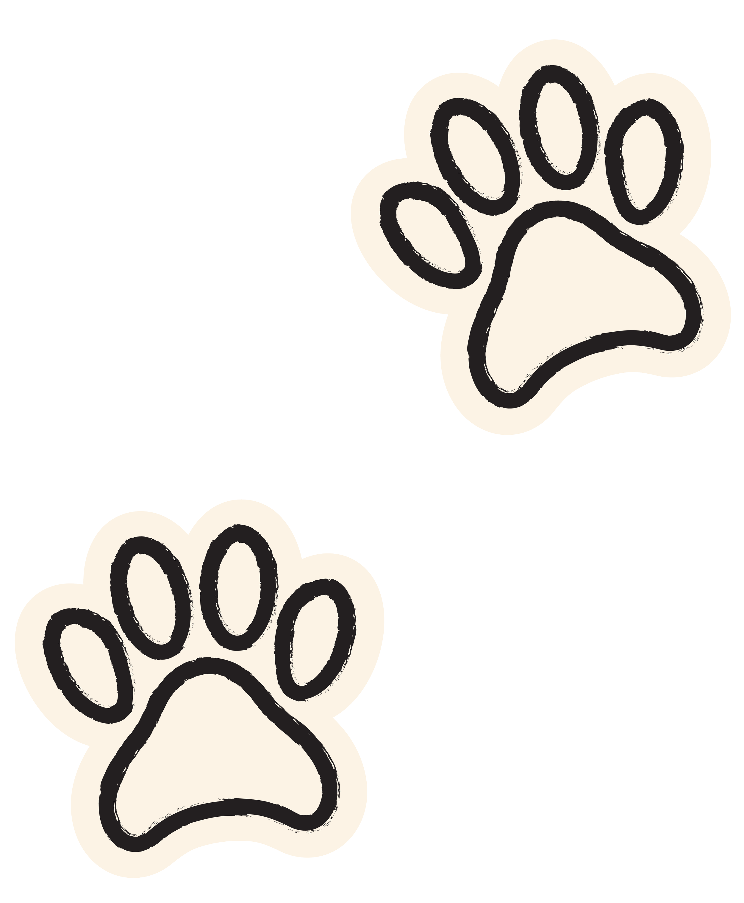 A cartoon-style drawing of a paw print with a cream background and black outlines on a black background.