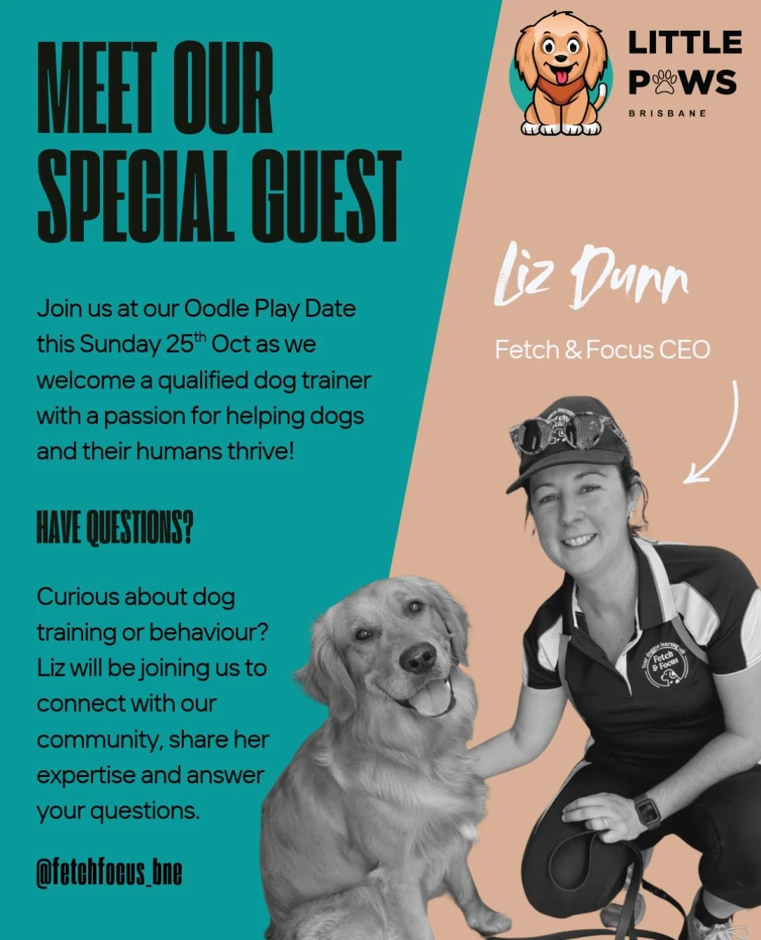 &ldquo;MEET THE EXPERT&rdquo; AT OUR NEXT OODLE PLAY DATE!

We&rsquo;re so excited to welcome Liz from @fetchfocus_bne to our event THIS SUNDAY! 🤍

Liz is a qualified dog trainer who&rsquo;ll be there to answer your questions about dog training and 