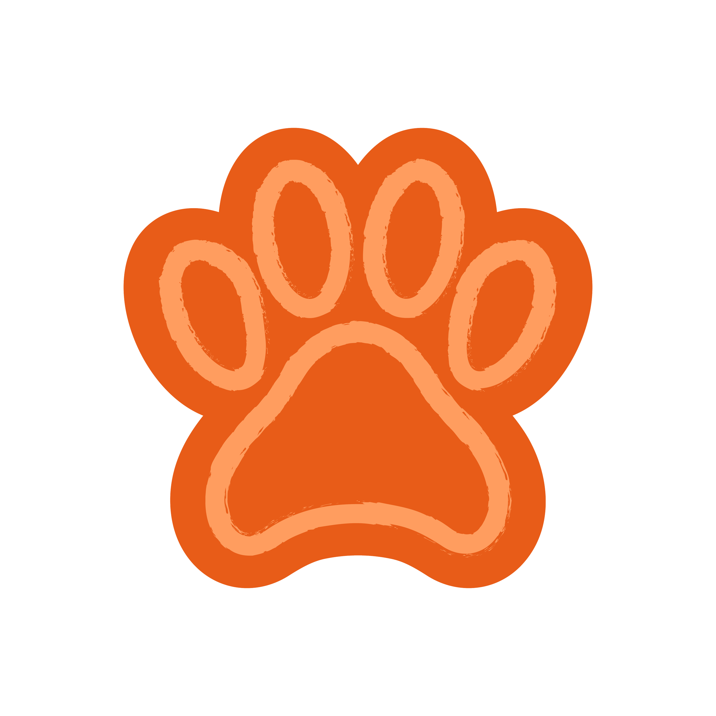 A stylized orange paw print with light coral-colored outlines on a black background.
