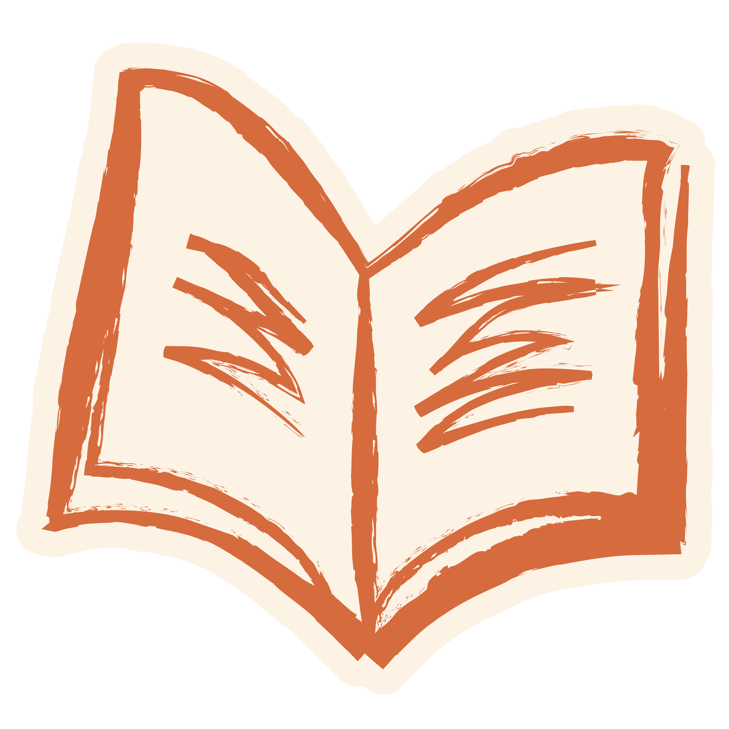 An abstract drawing of an open book with brown lines on a light background.