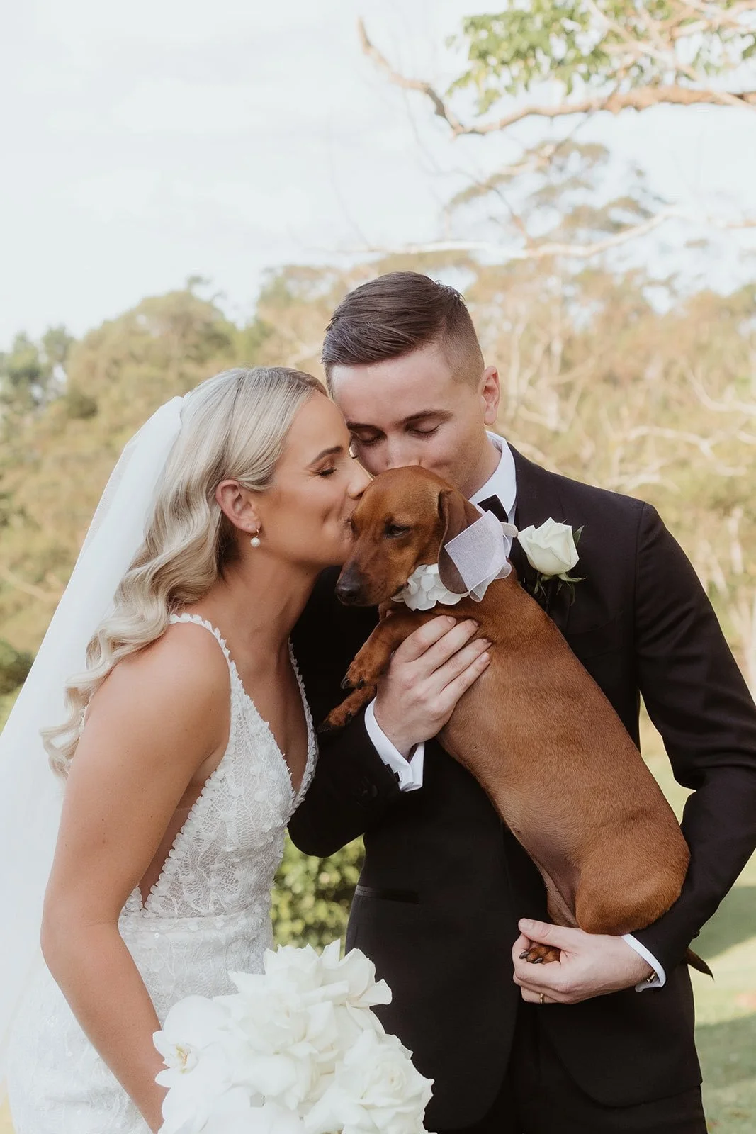 A bride and groom in wedding attire holding a brown dog, touching noses in an outdoor setting with trees in the background.
