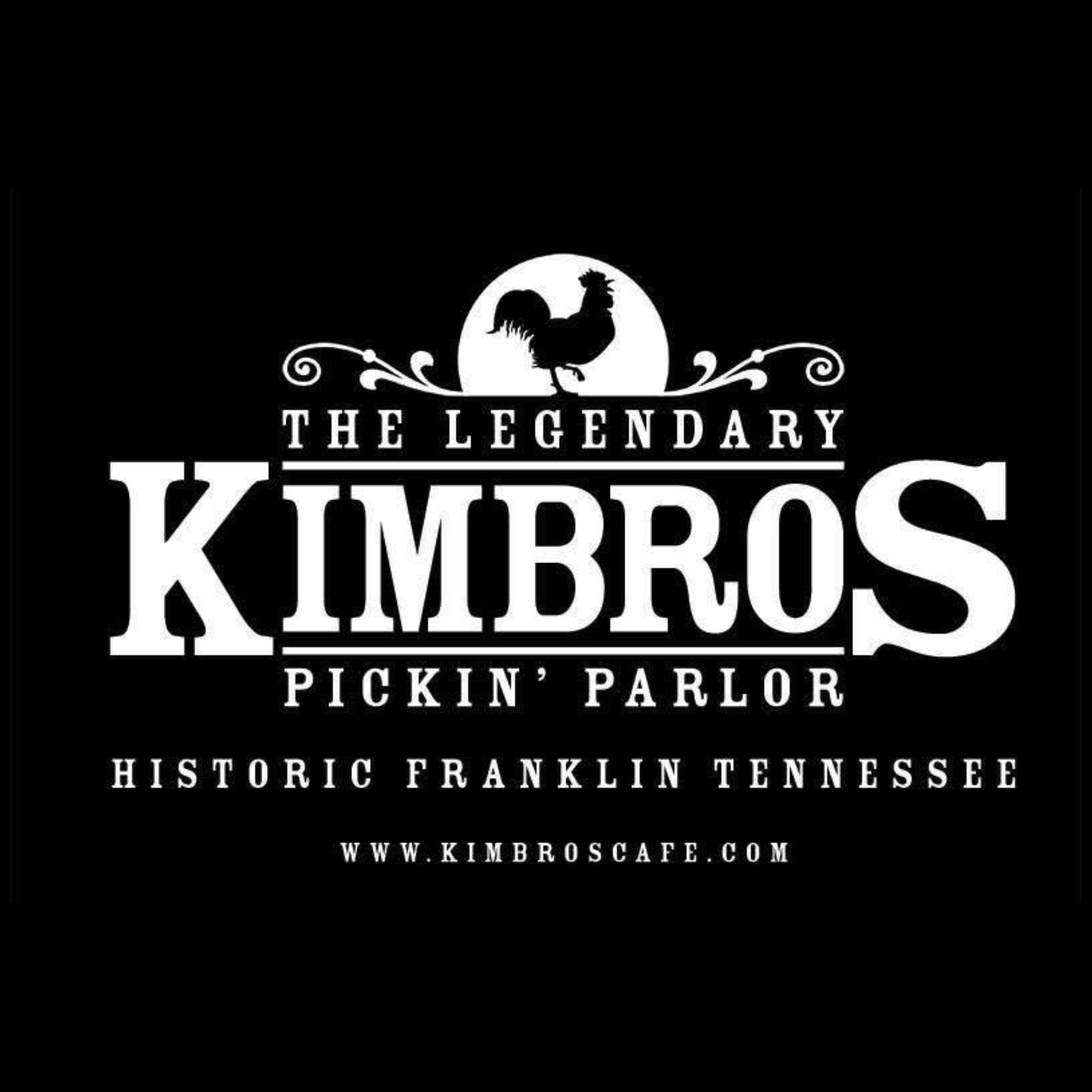 Black and white logo for Kim Bros Café featuring a rooster silhouette inside a circle with decorative swirls, and text reading 'The Legendary Kim Bros Pickin' Parlor' and website www.kimbroscafe.com.
