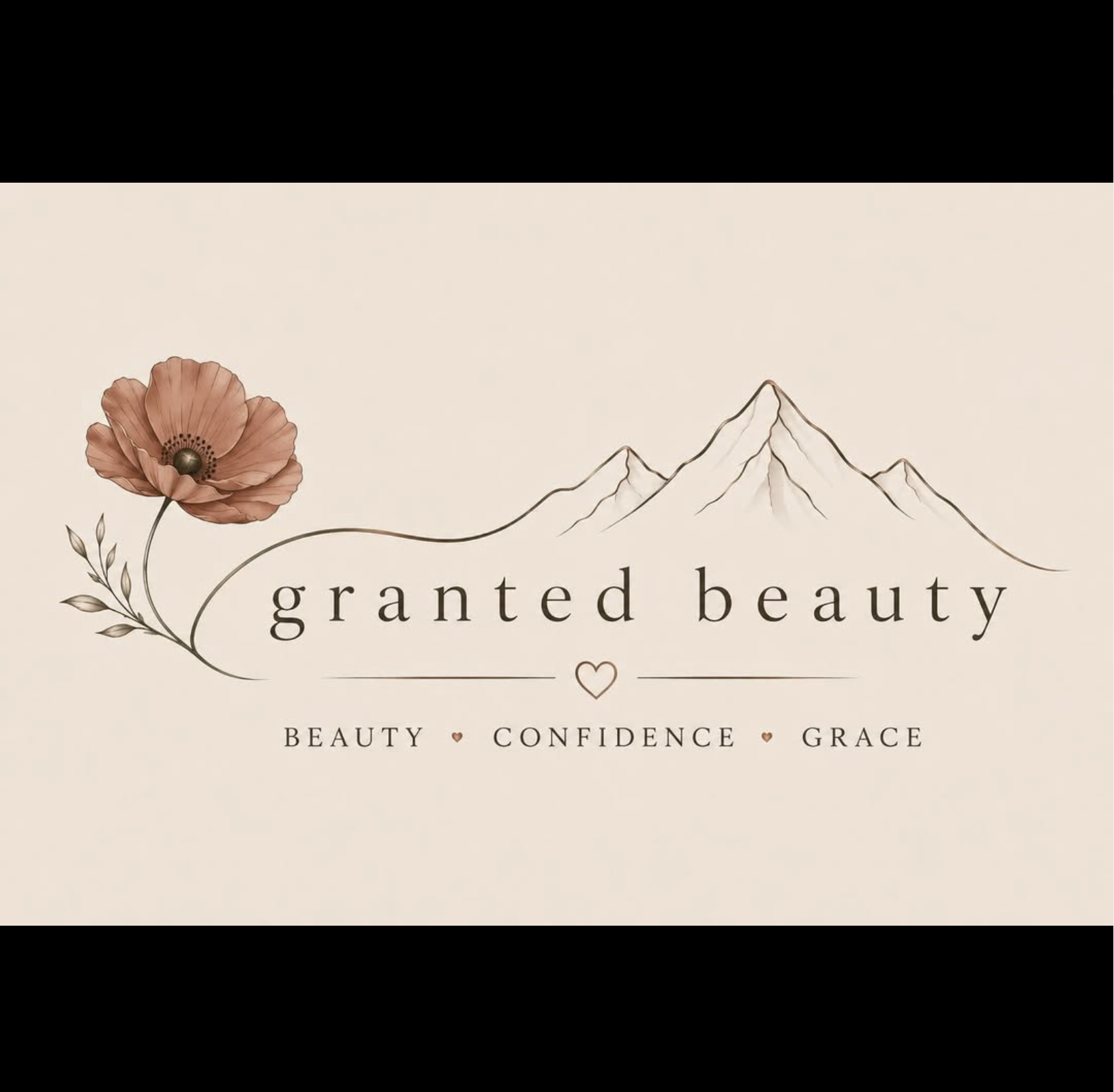 A beige background with a pink poppy flower on the left and a mountain outline on the right. The text reads 'granted beauty' with the words 'beauty', 'confidence', and 'grace' beneath, separated by small hearts.