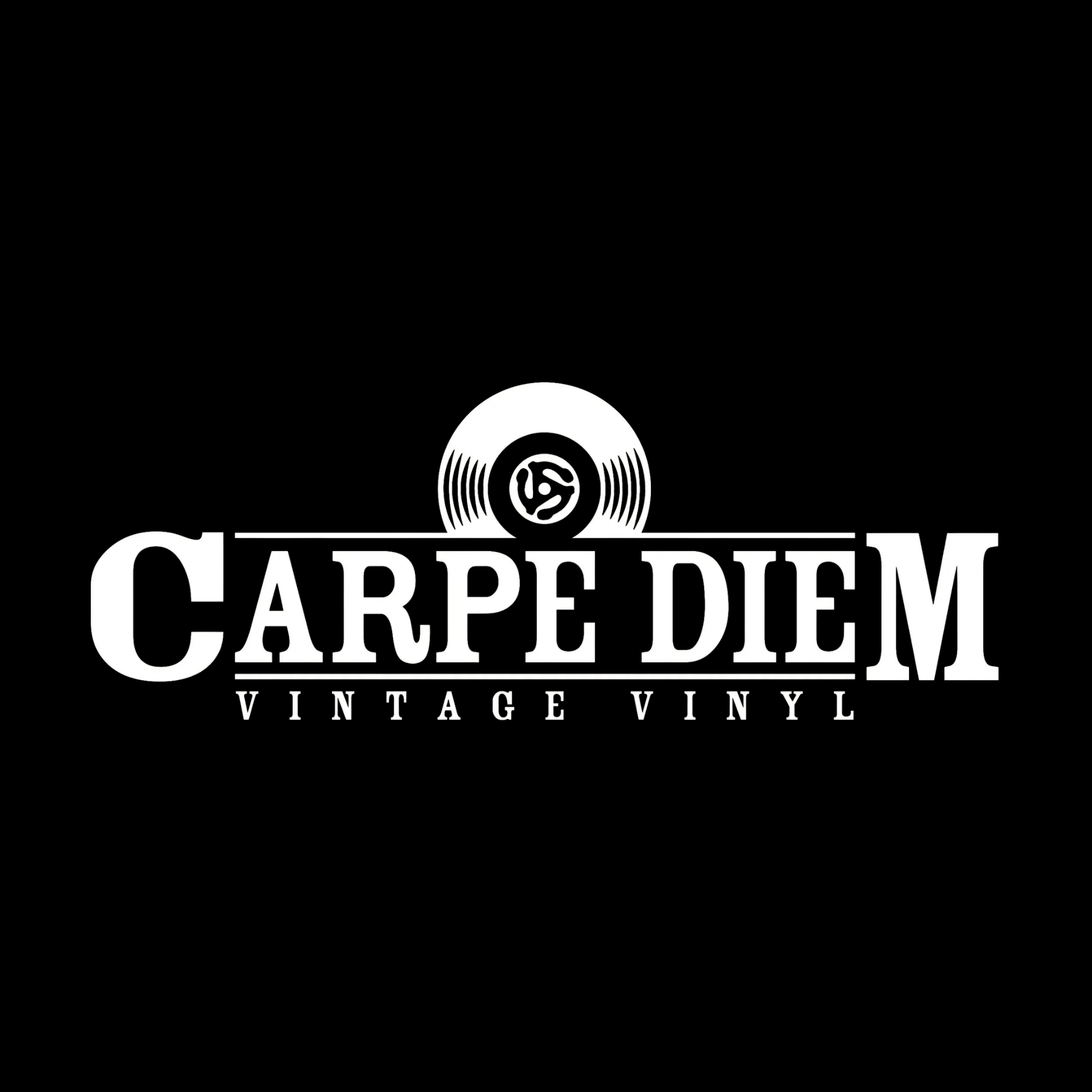 Black and white vintage logo with the text 'Carpe Diem' and 'Vin Vintage Vinyl' with a vinyl record graphic.