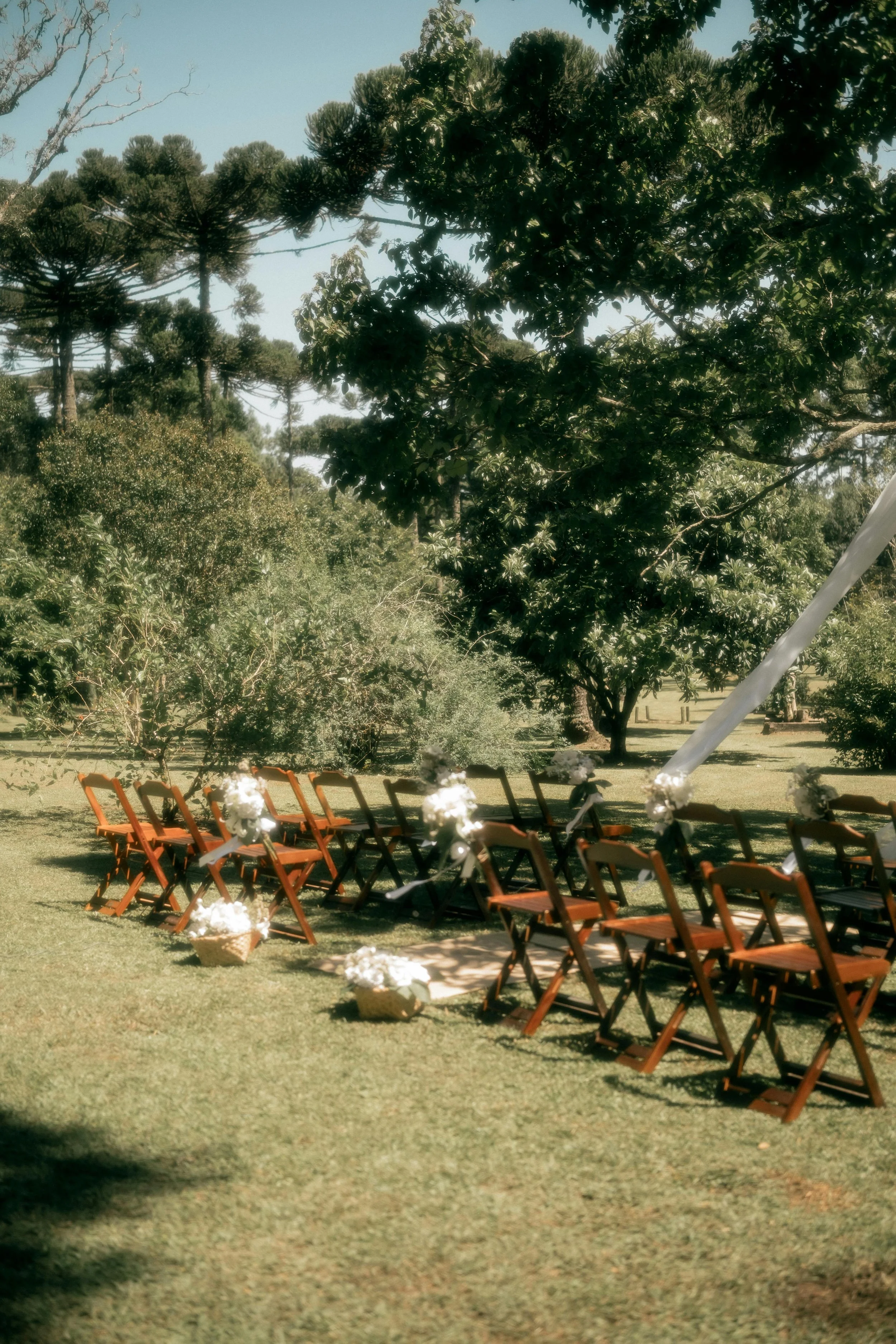 Beautiful outdoor ceremony with chairs and flowers