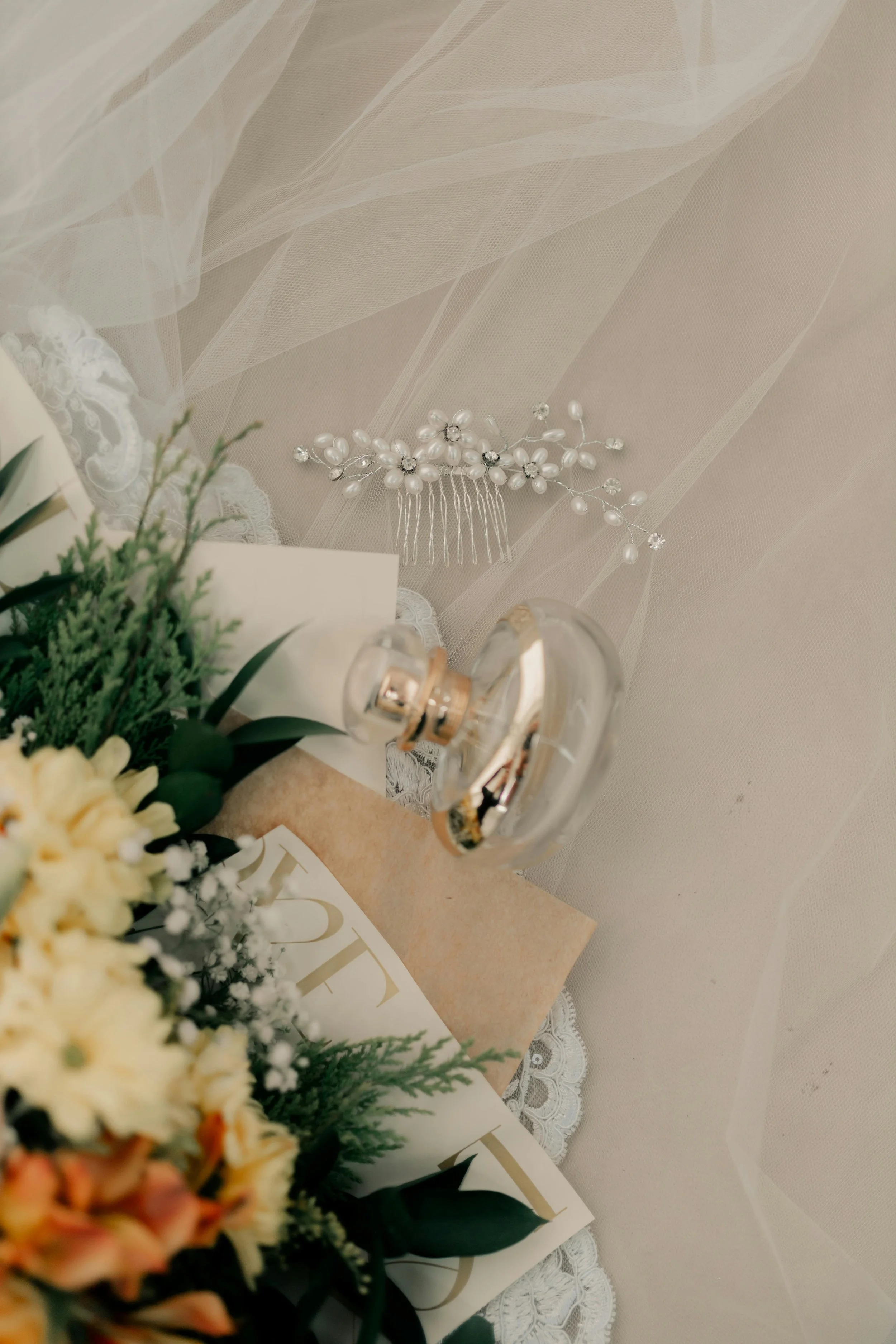 Wedding details of perfume and vail
