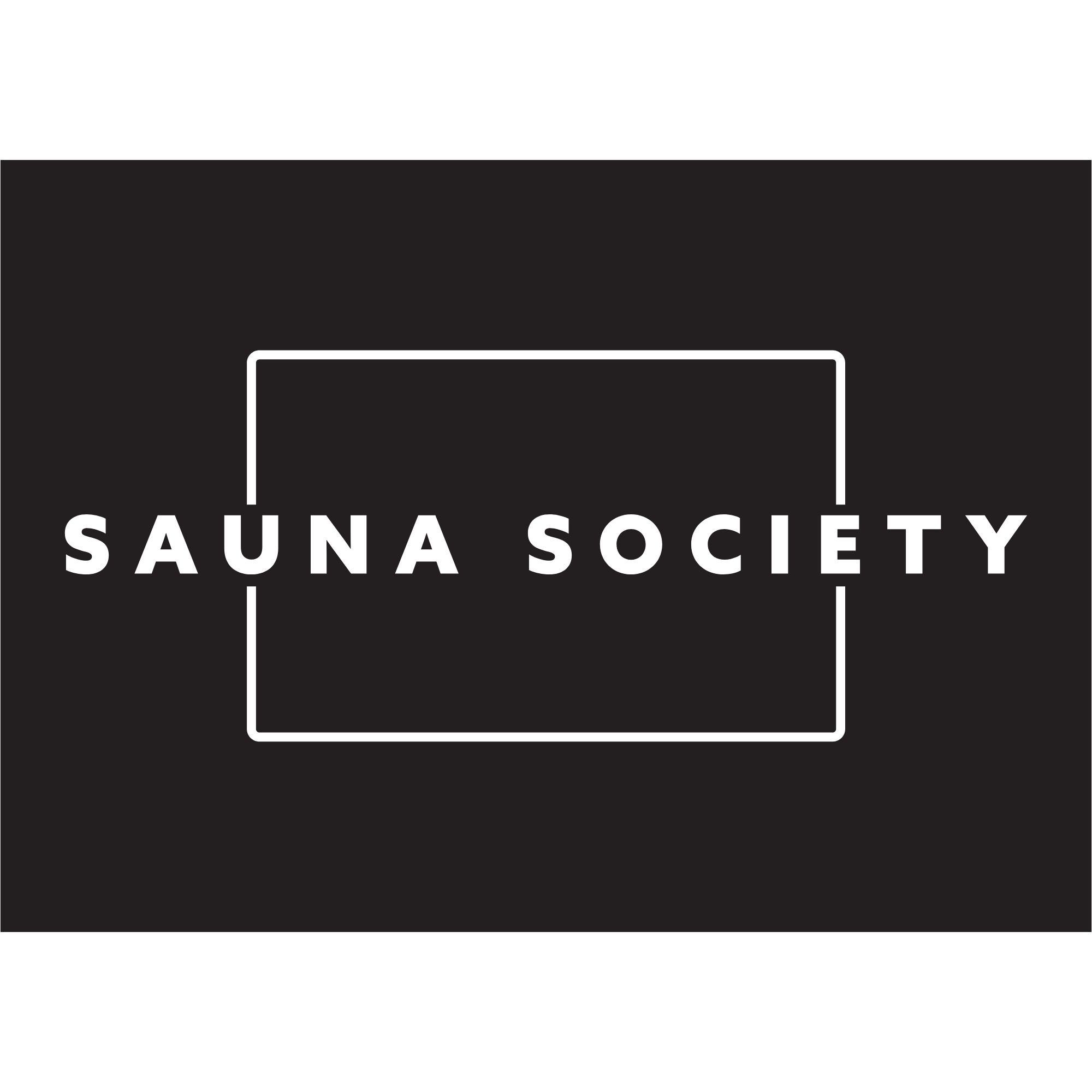 Logo of Saunas Society with a black background, a white outline of a rectangle, and white text.