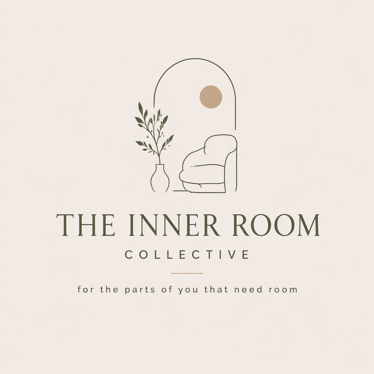 Logo for The Inner Room Collective featuring minimalist line art of a chair, a potted plant, and a sun or moon, with text emphasizing personal space and comfort.