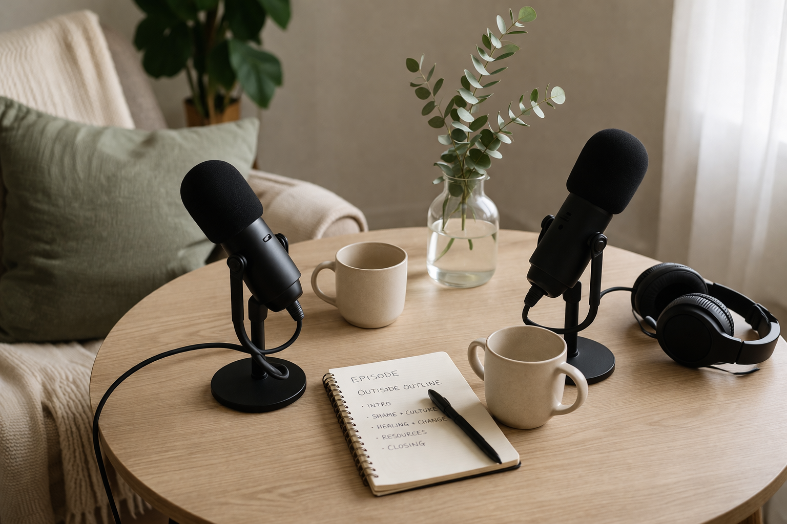Podcast recording setup with two microphones, a pair of headphones, a notebook with a handwritten episode outline, two beige mugs, a glass vase with green foliage, and a coffee mug on a wooden table.
