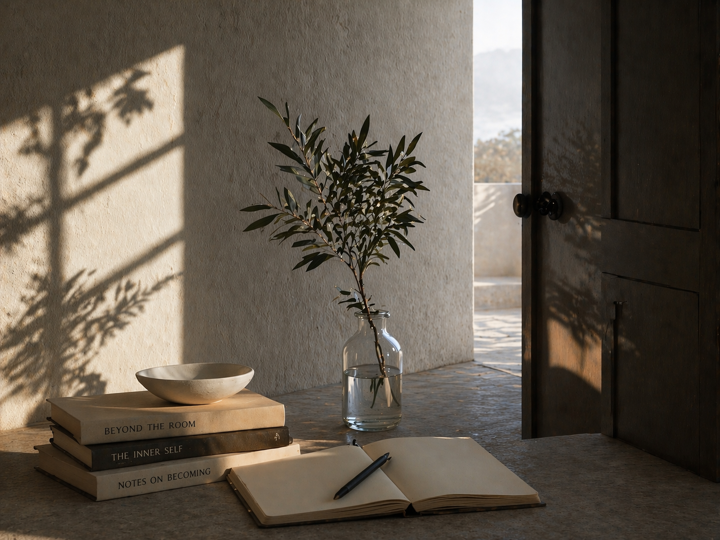 Open notebook with pen, stack of books titled 'Beyond the Room', 'The Inner Self', and 'Notes on Becoming', ceramic bowl, glass vase with leafy plant, warm sunlight, and partially open dark wooden door.