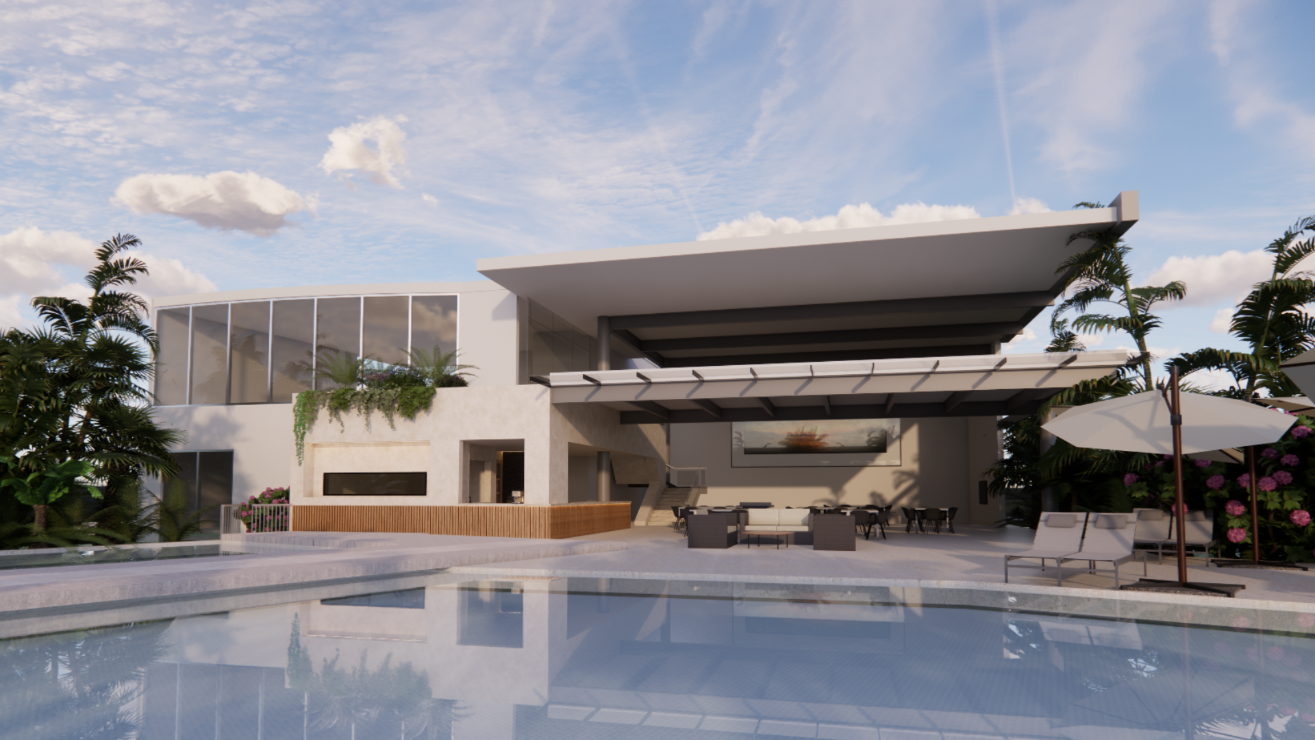 Modern luxury house with pool, outdoor seating area, lush greenery, and a partly cloudy sky.