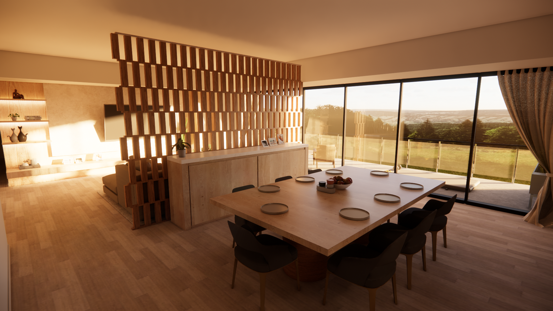 Modern dining room with a large wooden table, black chairs, and white plates, adjacent to a spacious balcony with glass sliding doors and a scenic view of trees and a distant landscape, decorated with patterned curtains and natural light.