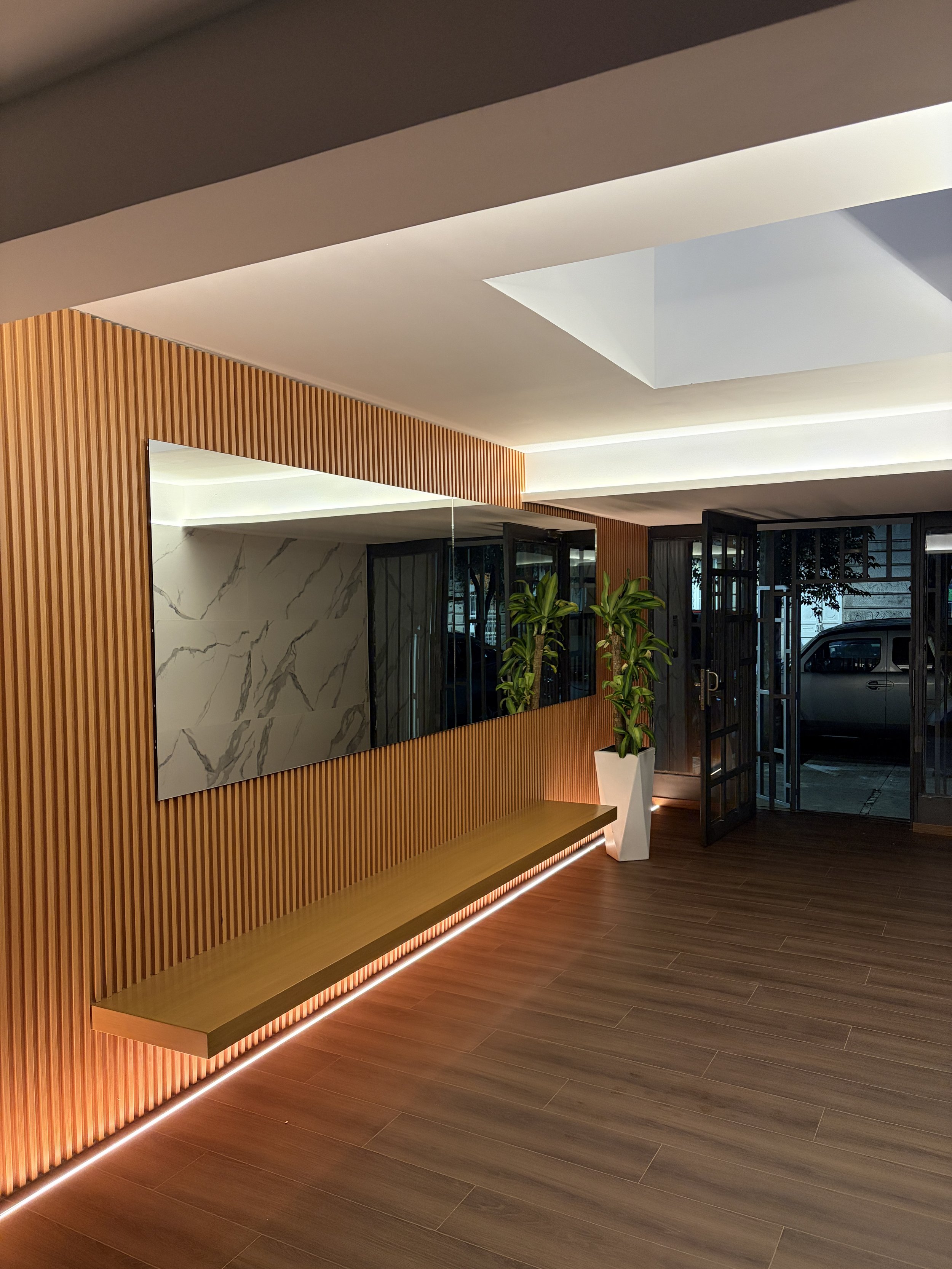 Interior of a modern building with wooden slat wall, ceiling lighting, potted plant, and an open door leading outside, revealing a parked vehicle.