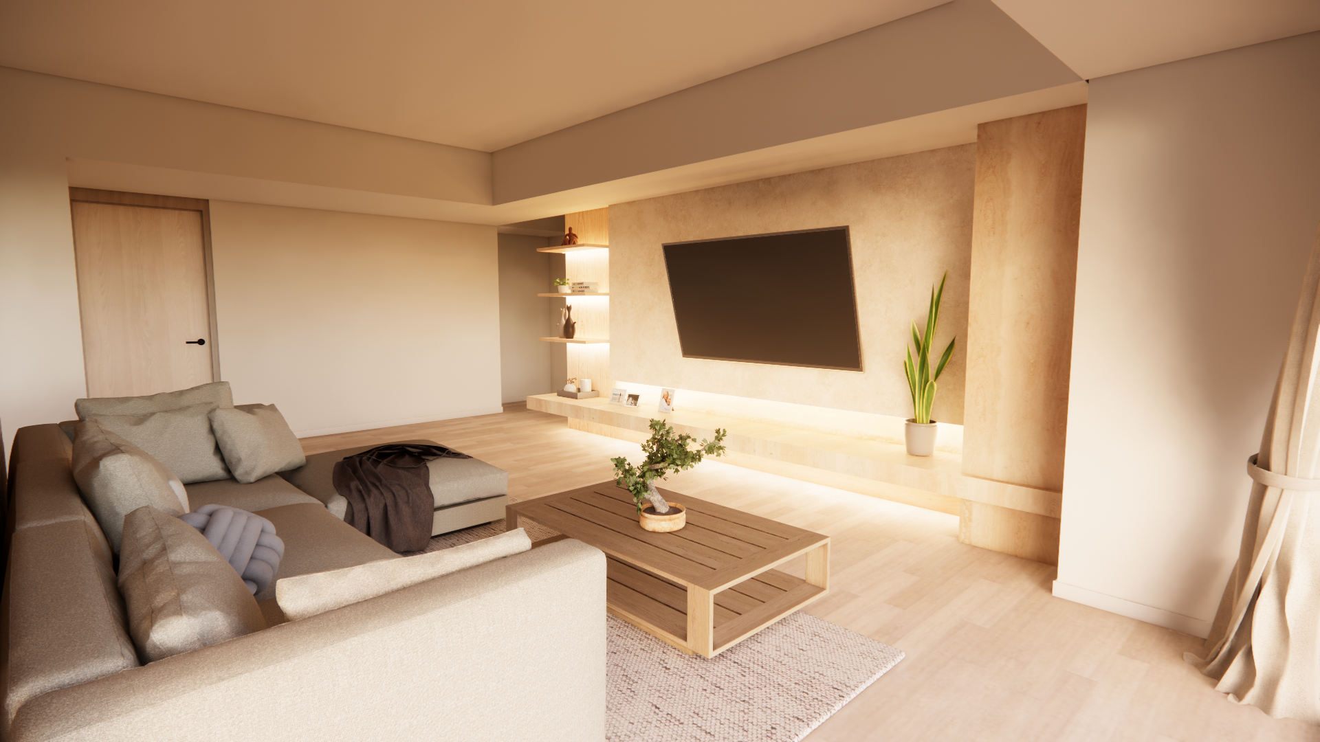 Living room with beige sectional sofa, wooden coffee table with bonsai, potted plant, wall-mounted flat-screen TV, built-in shelving with decor, and cream curtains.