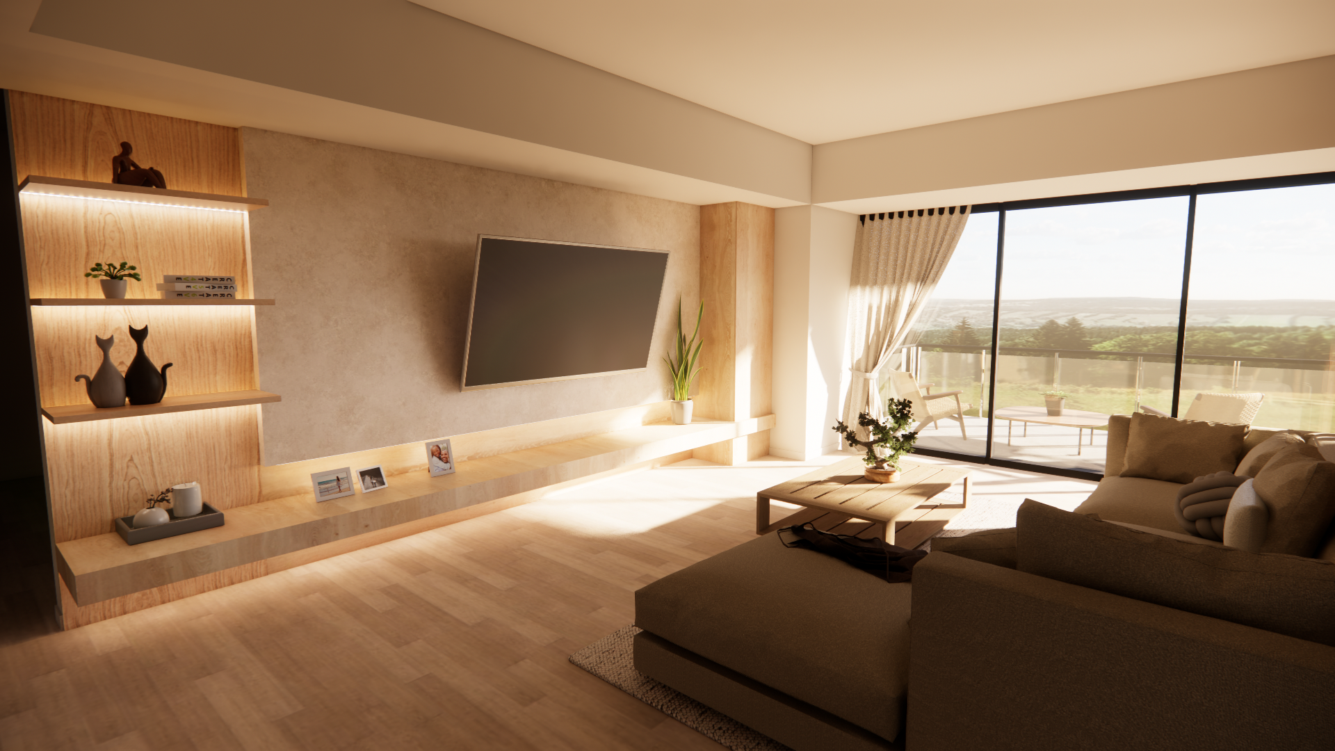 Living room with beige sofa, wooden coffee table, wall-mounted TV, potted plants, decorative items, large sliding glass doors leading to an outdoor balcony, and view of landscape outside.