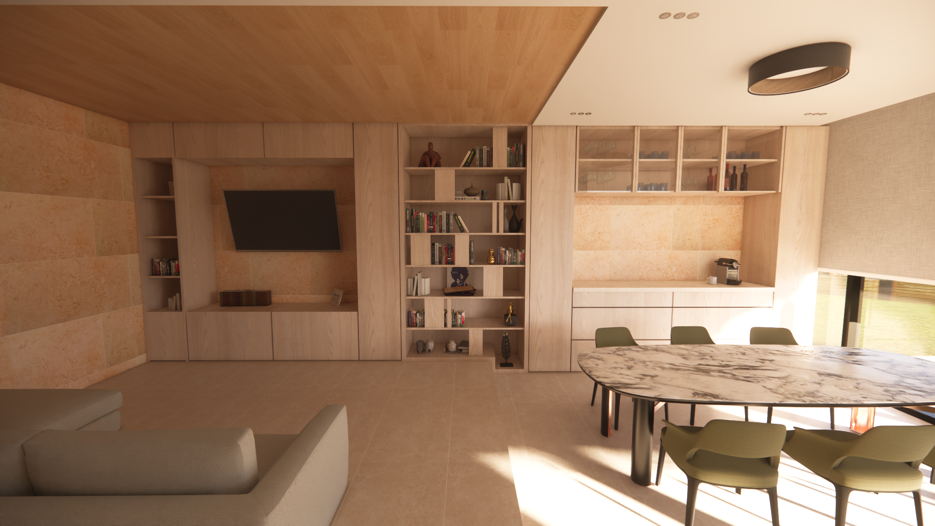 Living room with built-in wooden shelves, a mounted TV, marble dining table, and green chairs near the window, with a modern ceiling light.
