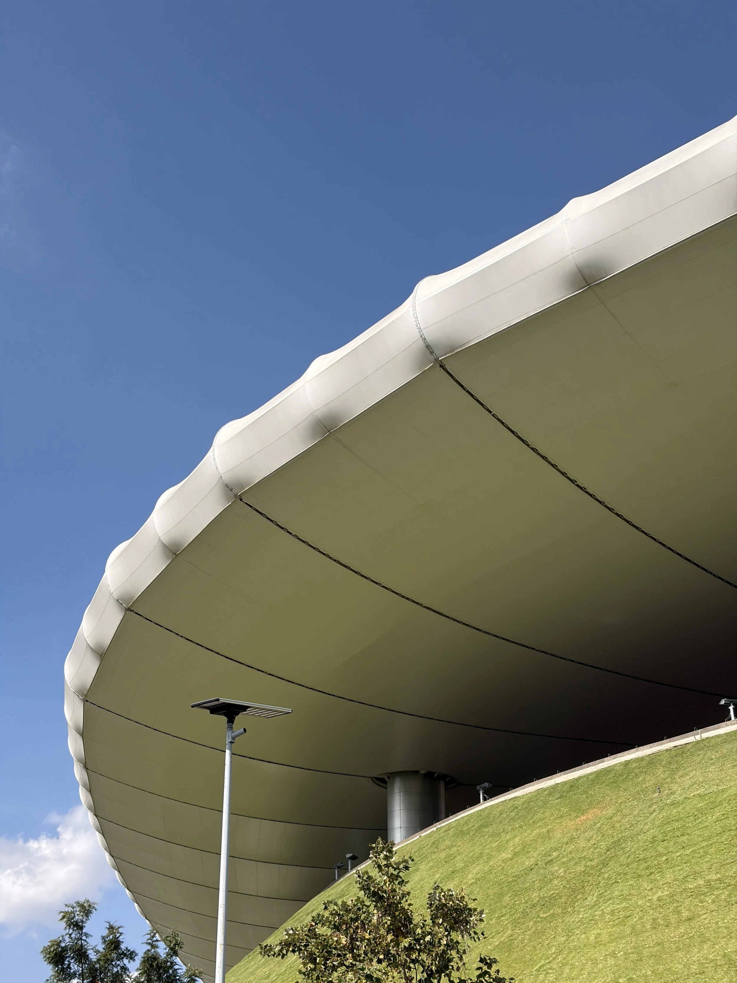 A modern building with a large, curved white roof structure, supported by several columns, under a clear blue sky with some trees and grass in the foreground.
