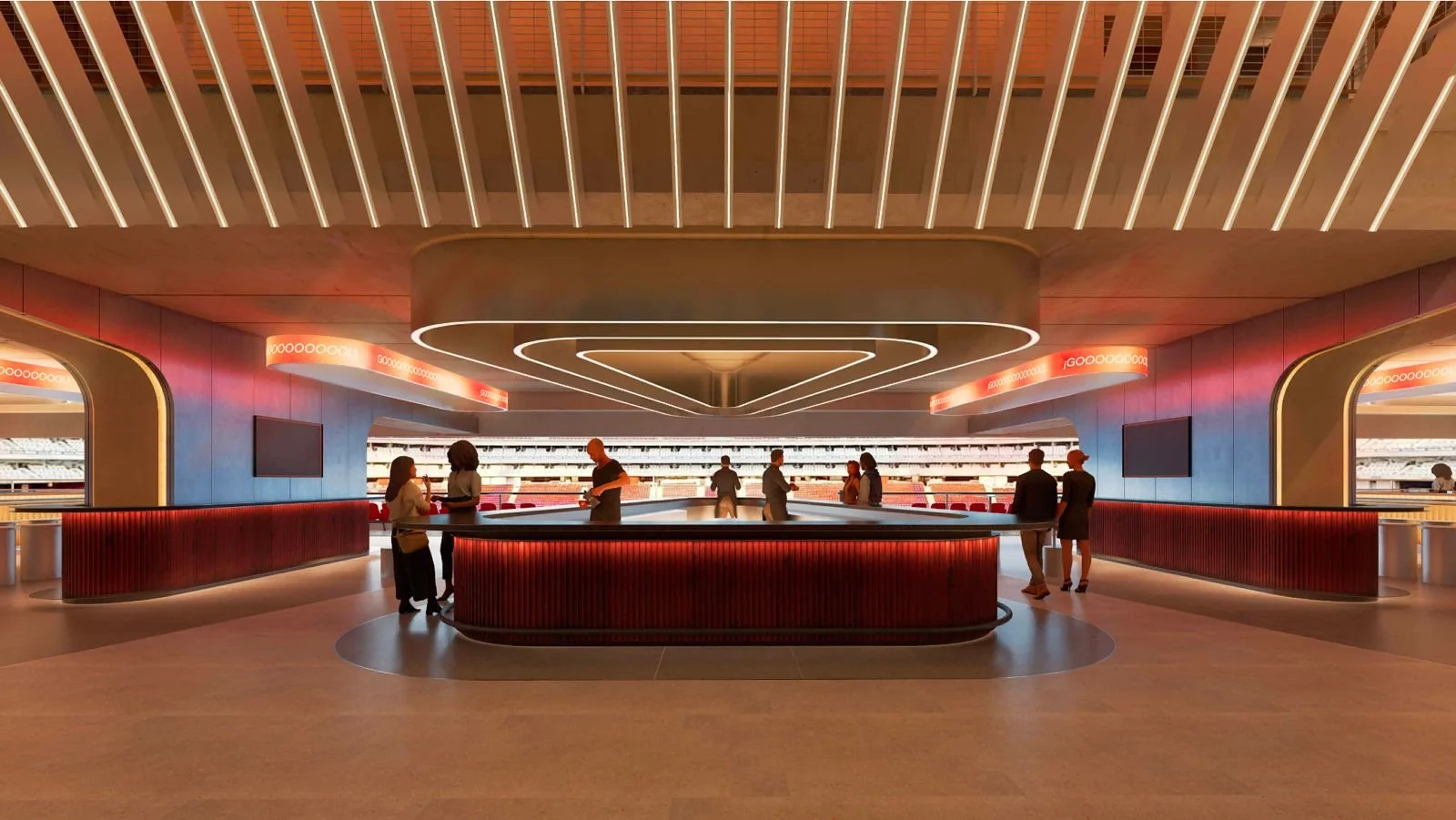 Interior of a modern sports stadium with a sleek bar area, illuminated ceiling design, and audience seating in the background.