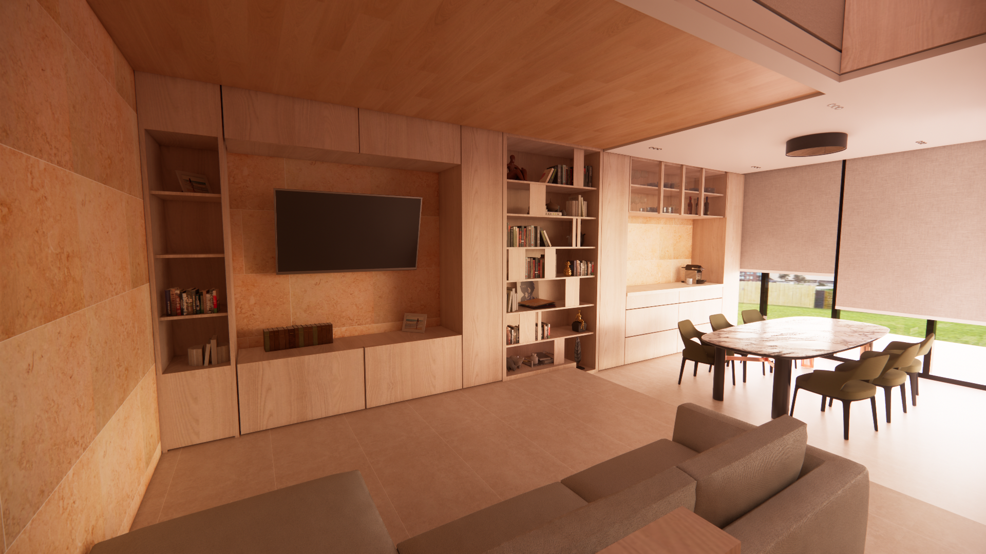Modern living room with built-in wooden shelves, flat-screen TV, and a dining area with a round table and chairs near large windows with blinds.