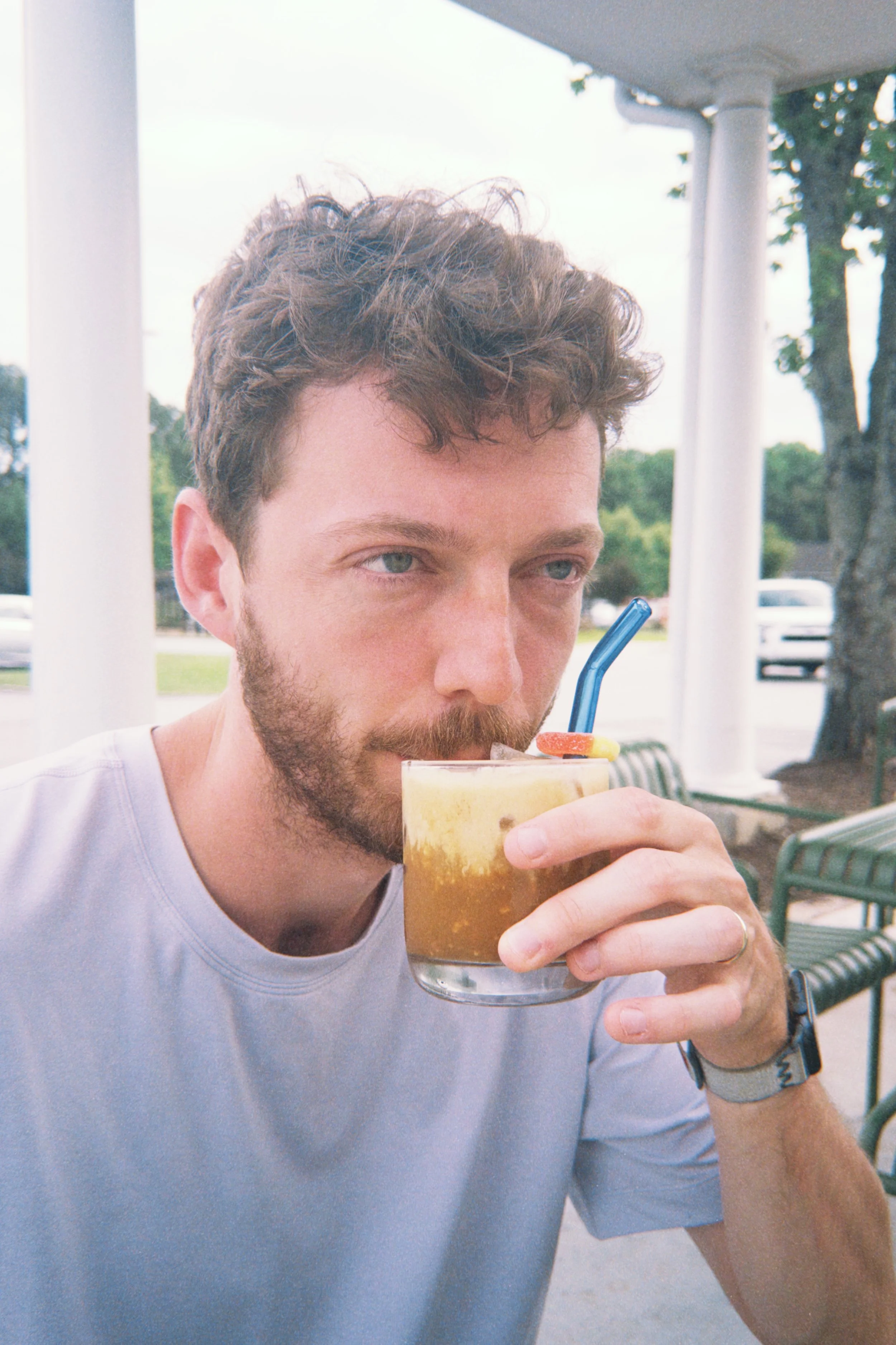 Eric sipping an incredibly good peach cortado from Valor Coffee.