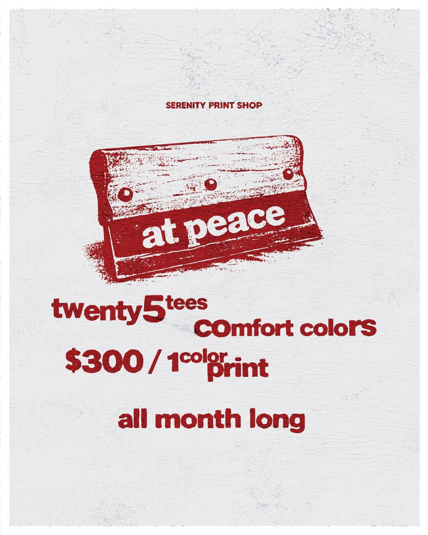 APRIL SCREEN PRINT SPECIAL! ALL MONTH LONG!

25 Tees - 1 color print - $300

Want to use a different tee? Shaka? Bella+Canvas? We got you covered. DM us to get started.